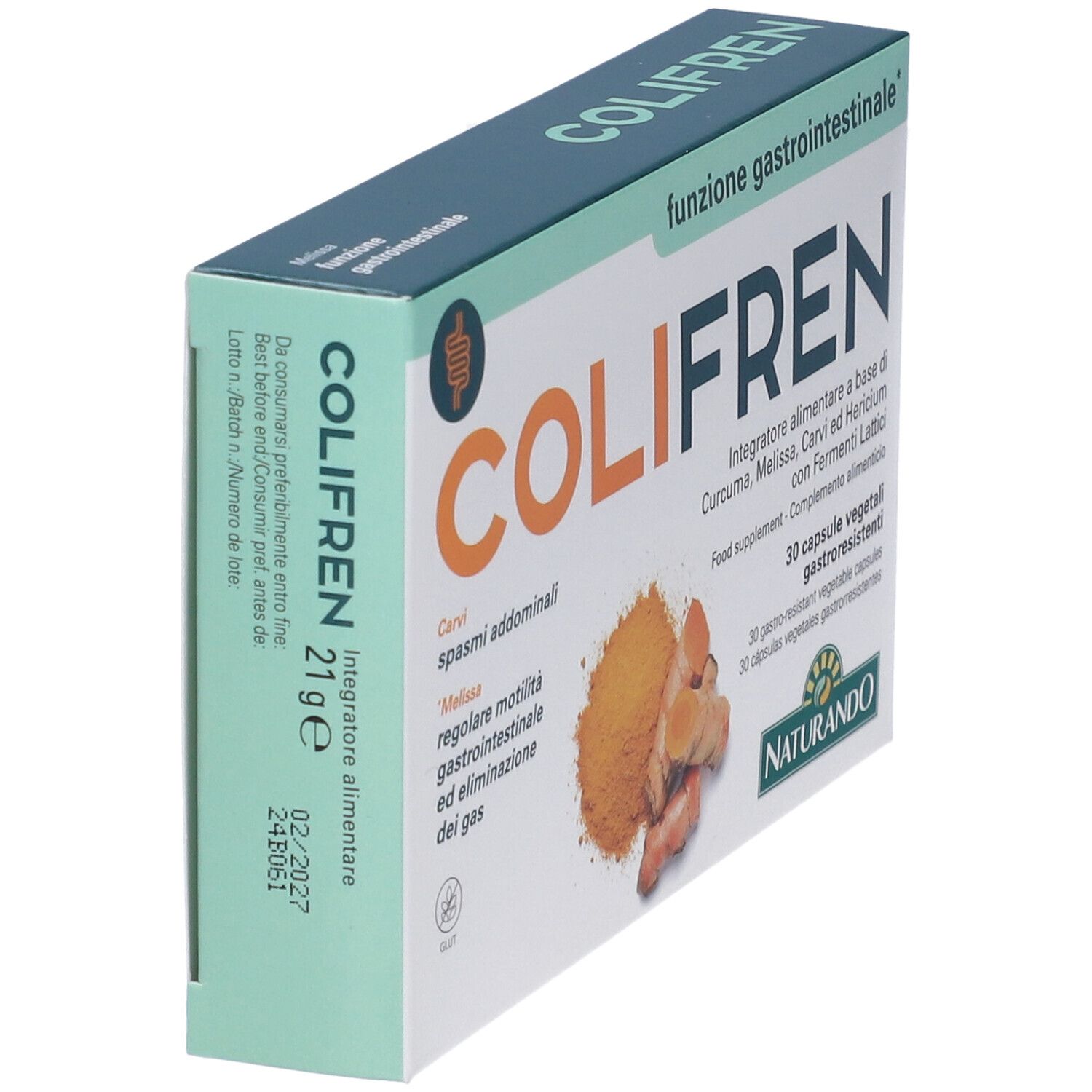 Scatola Colifren, angolata. Scritta: funzione gastrointestinale. Contiene 30 capsule. Marchio Naturando.