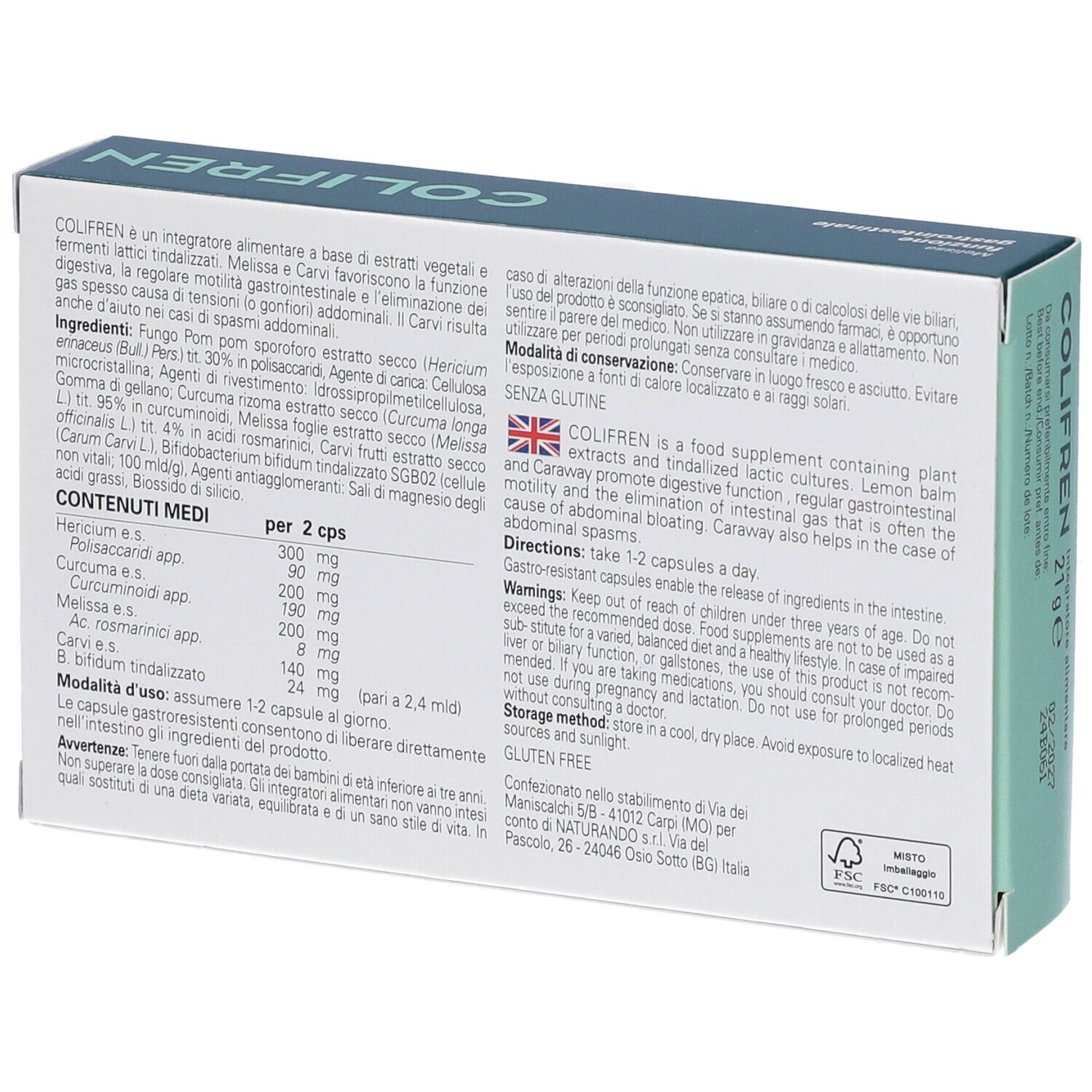 Retro della scatola Colifren. Testo: ingredienti, istruzioni, avvertenze, senza glutine. Marchio Naturando.