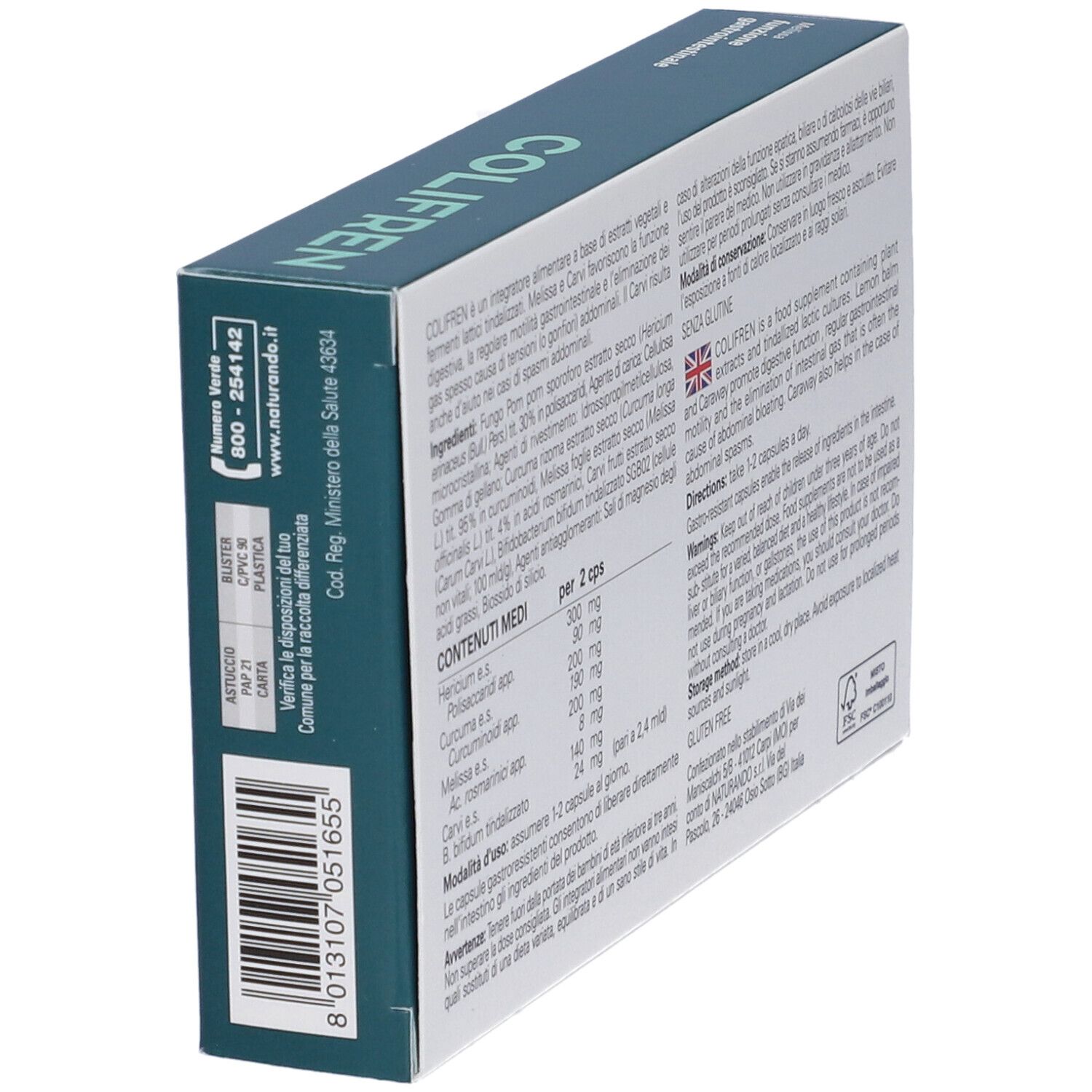 Scatola Colifren, angolata. Testo: ingredienti, istruzioni, avvertenze, senza glutine. Marchio Naturando.