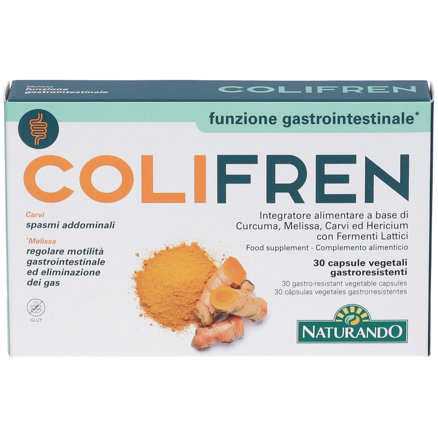 Scatola di capsule Colifren. Scritta: funzione gastrointestinale. Immagine di curcuma e zenzero. Marchio Naturando.