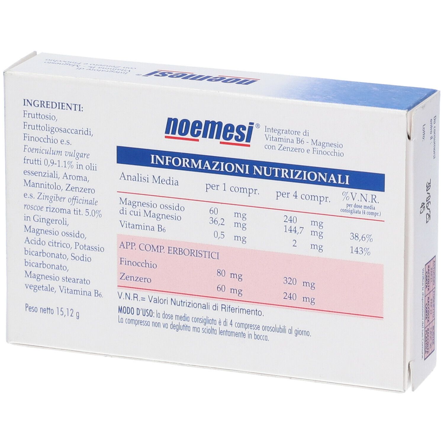 Retro della scatola "noemesi". Contiene informazioni nutrizionali e ingredienti. Logo "Farmakon".