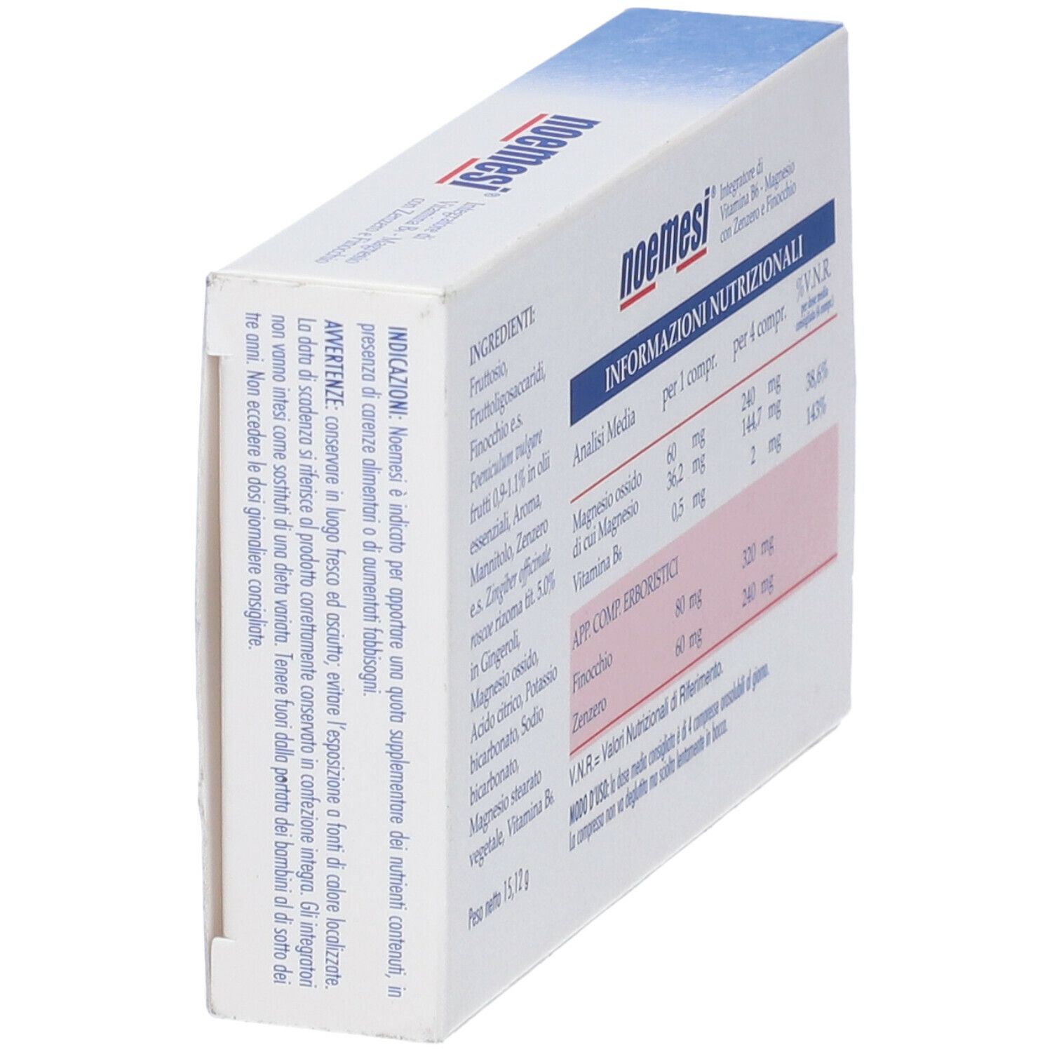 Scatola "noemesi" in prospettiva. Retro con informazioni nutrizionali e ingredienti. Logo "Farmakon".