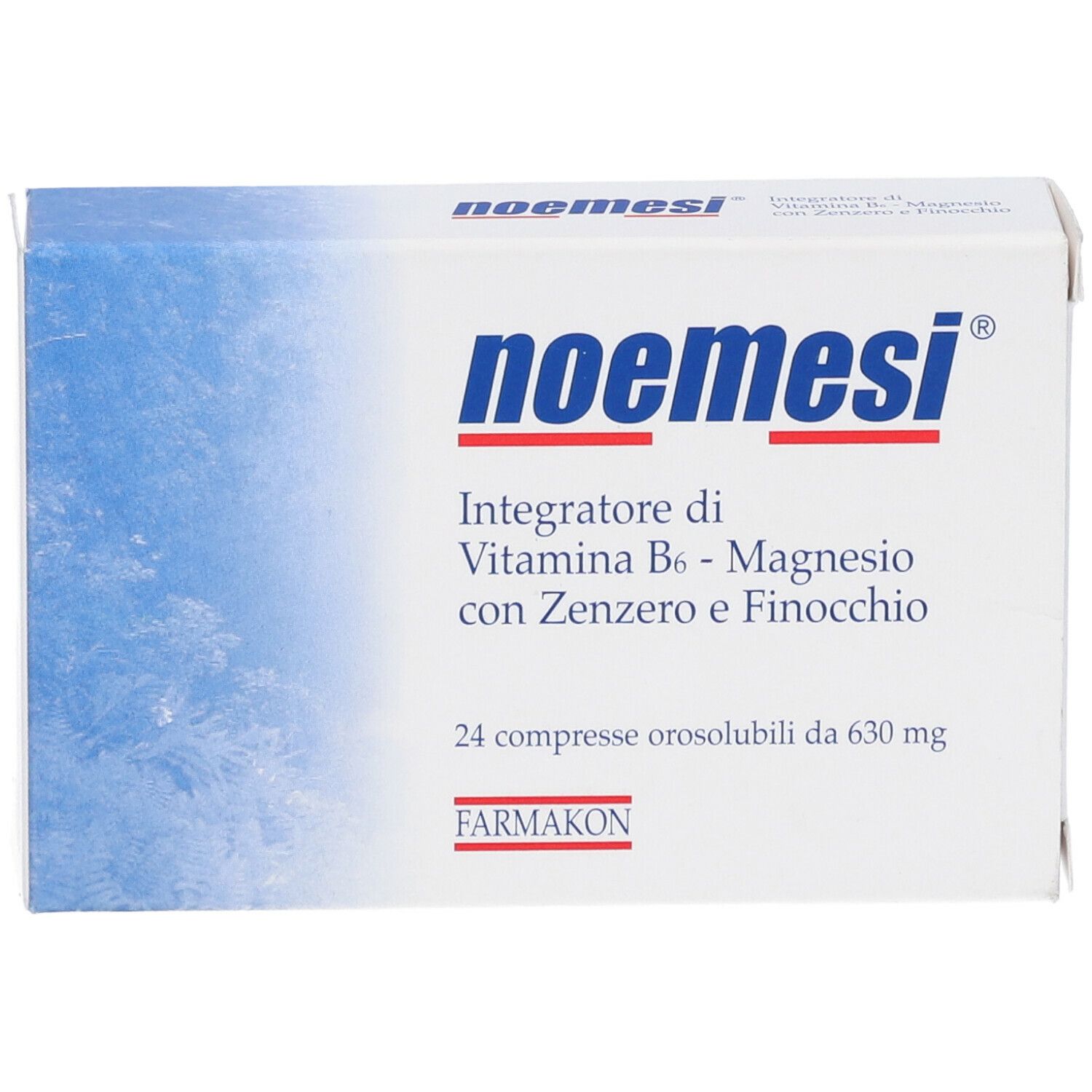 Scatola "noemesi". Confezione blu e bianca con informazioni sul prodotto e logo "Farmakon".
