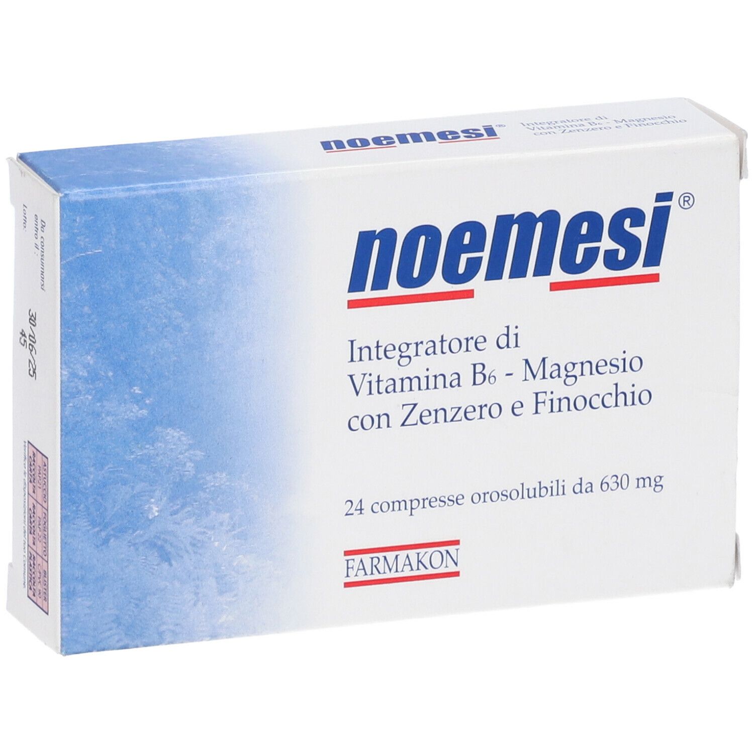 Scatola "noemesi". Confezione blu e bianca con informazioni sul prodotto e logo "Farmakon".