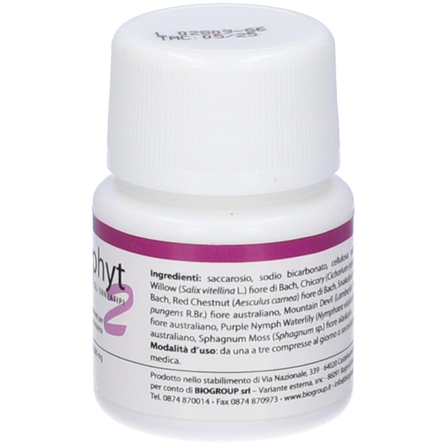 Flacone Enneaphyt 2, vista laterale di 40 compresse orosolubili da 300 mg.