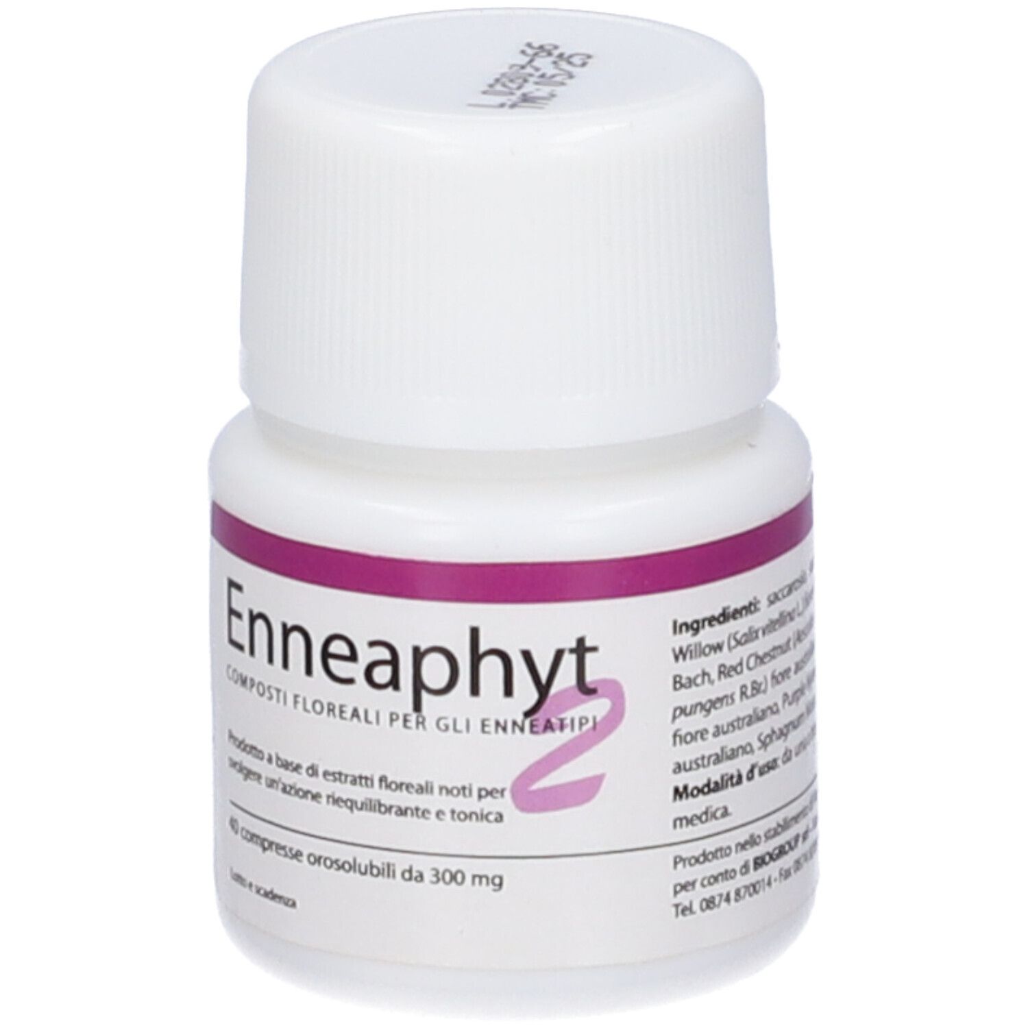 Flacone Enneaphyt 2, vista laterale di 40 compresse orosolubili da 300 mg.