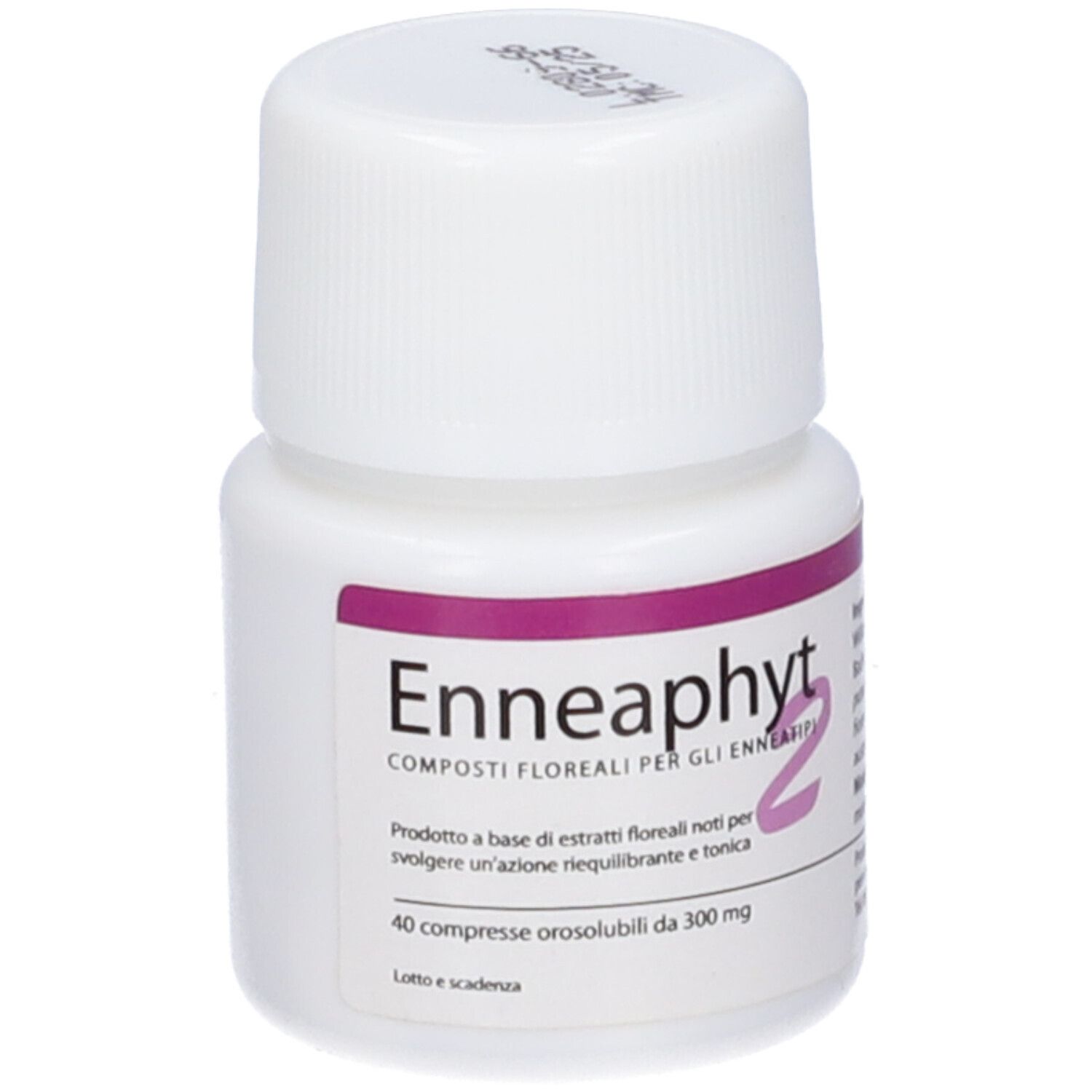 Flacone Enneaphyt 2, vista laterale di 40 compresse orosolubili da 300 mg.