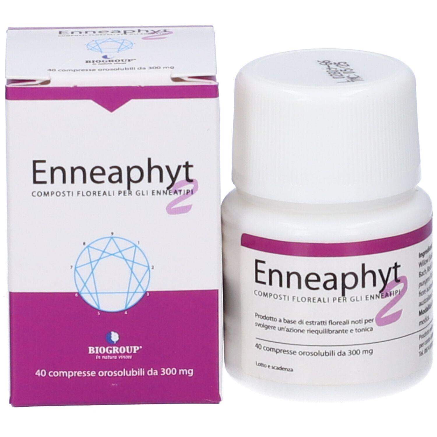 Flacone Enneaphyt 2, vista laterale di 40 compresse orosolubili da 300 mg.
