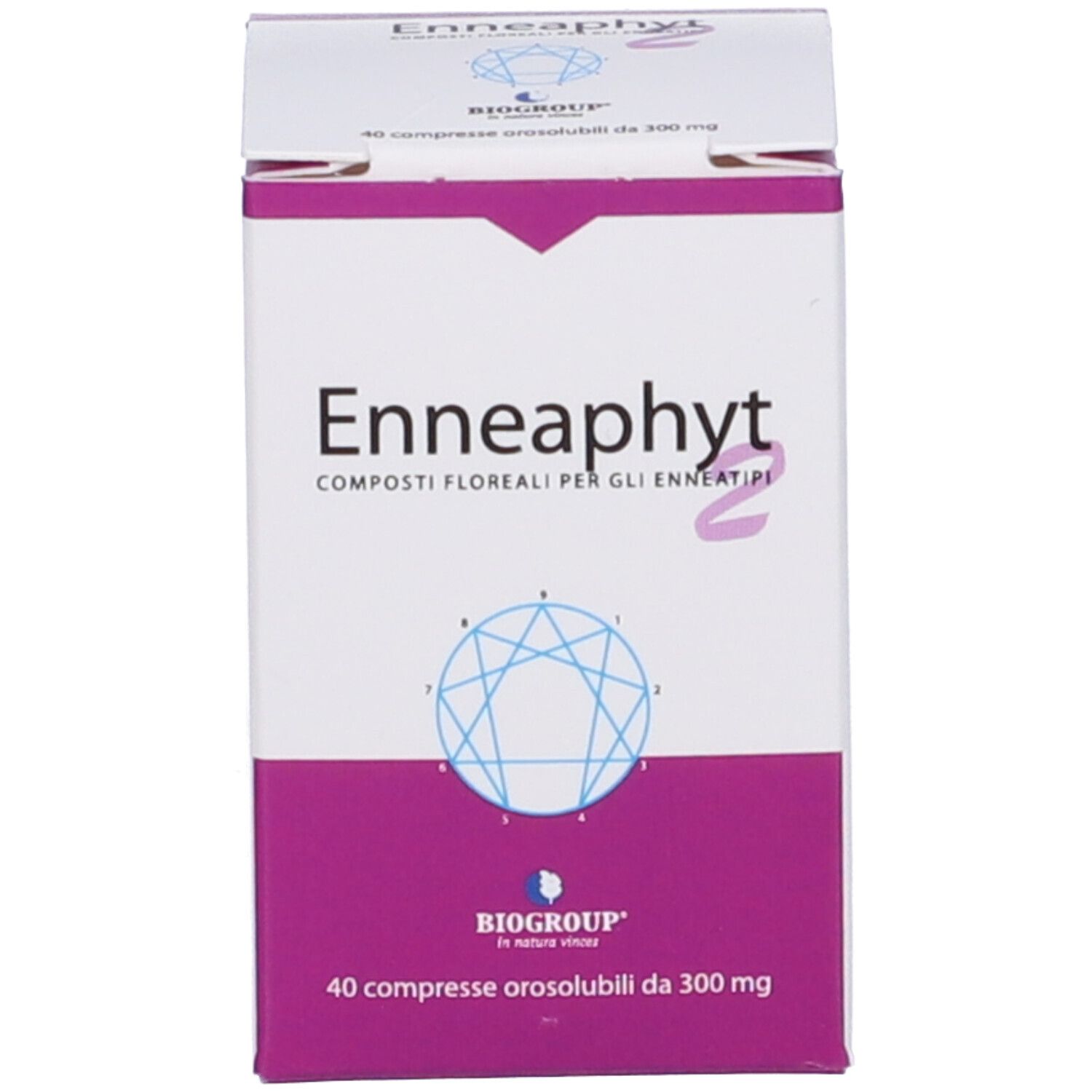 Confezione e flacone Enneaphyt 2 da 40 compresse orosolubili da 300 mg.