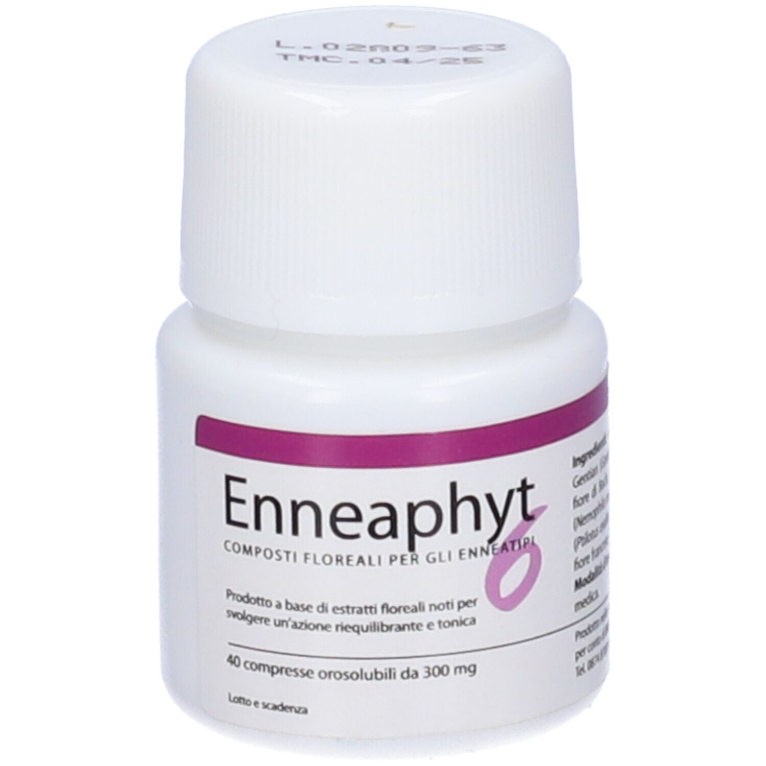 Flacone bianco con tappo a vite. Scritta: Enneaphyt 6, 40 Compresse Orosoluzione 300Mg. Accenti viola.