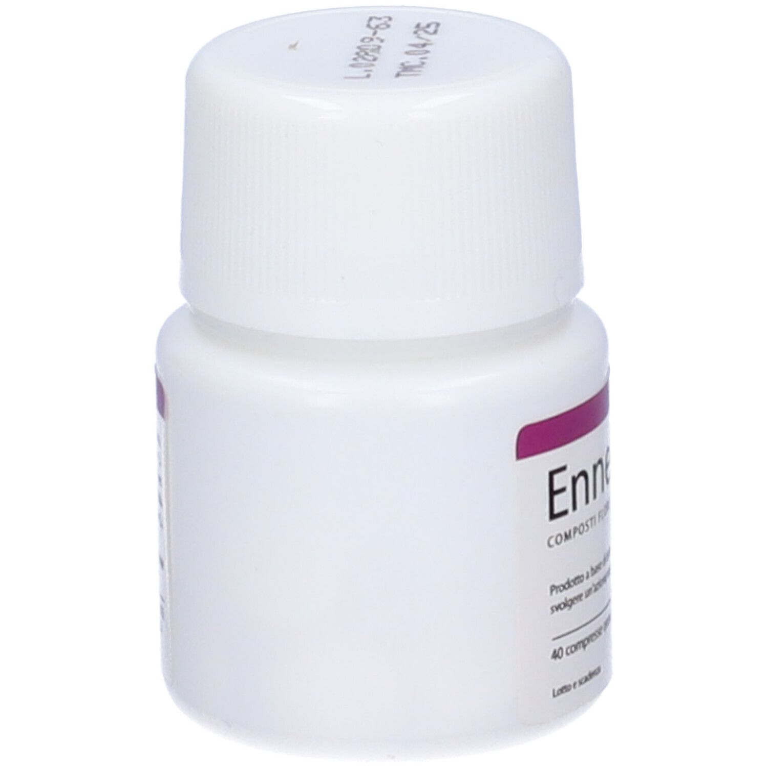 Flacone bianco con tappo a vite. Accenti viola. Scritta: Enneaphyt 6, 40 Compresse Orosoluzione 300Mg.
