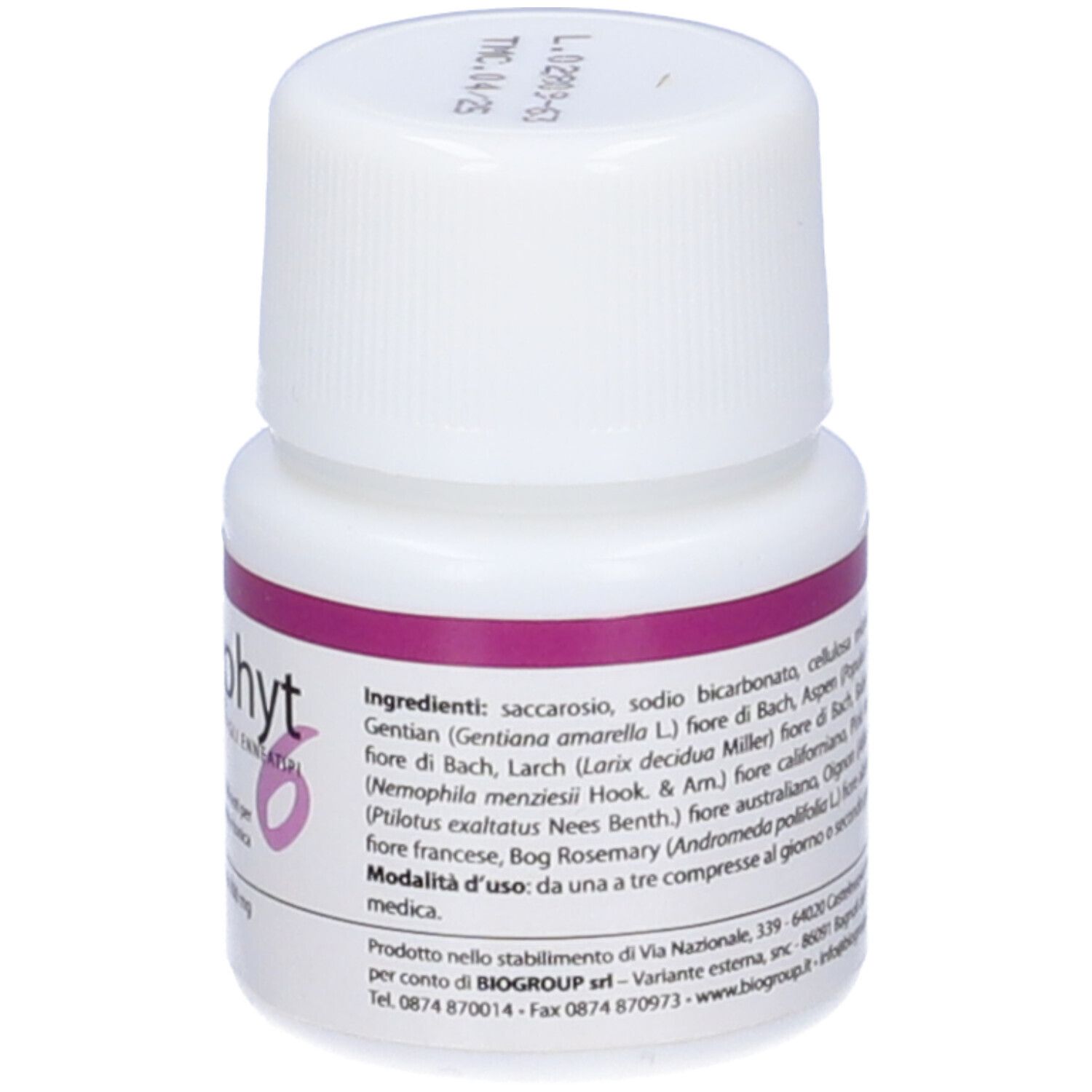 Flacone bianco con tappo a vite. Scritta: Enneaphyt 6, 40 Compresse Orosoluzione 300Mg. Testo sull'etichetta.