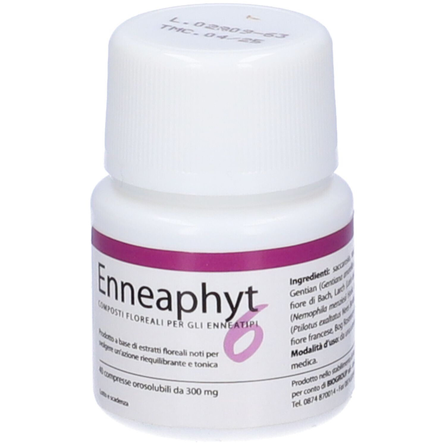 Flacone bianco con tappo a vite. Scritta: Enneaphyt 6, 40 Compresse Orosoluzione 300Mg. Testo sull'etichetta.