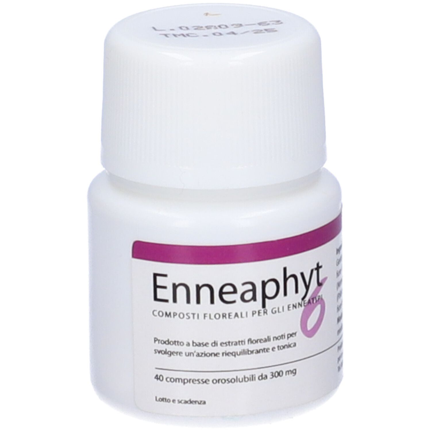Flacone bianco con tappo a vite. Scritta: Enneaphyt 6, 40 Compresse Orosoluzione 300Mg. Testo sull'etichetta.