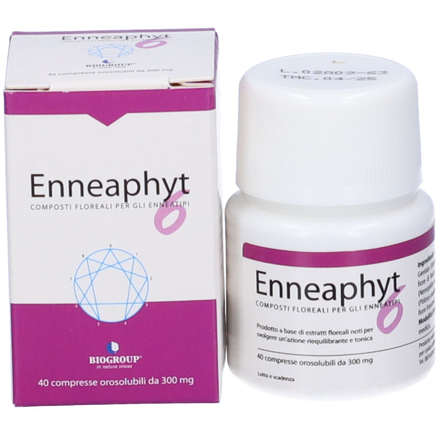 Confezione del prodotto con flacone e scatola. Scritta: Enneaphyt 6, 40 Compresse Orosoluzione 300Mg.