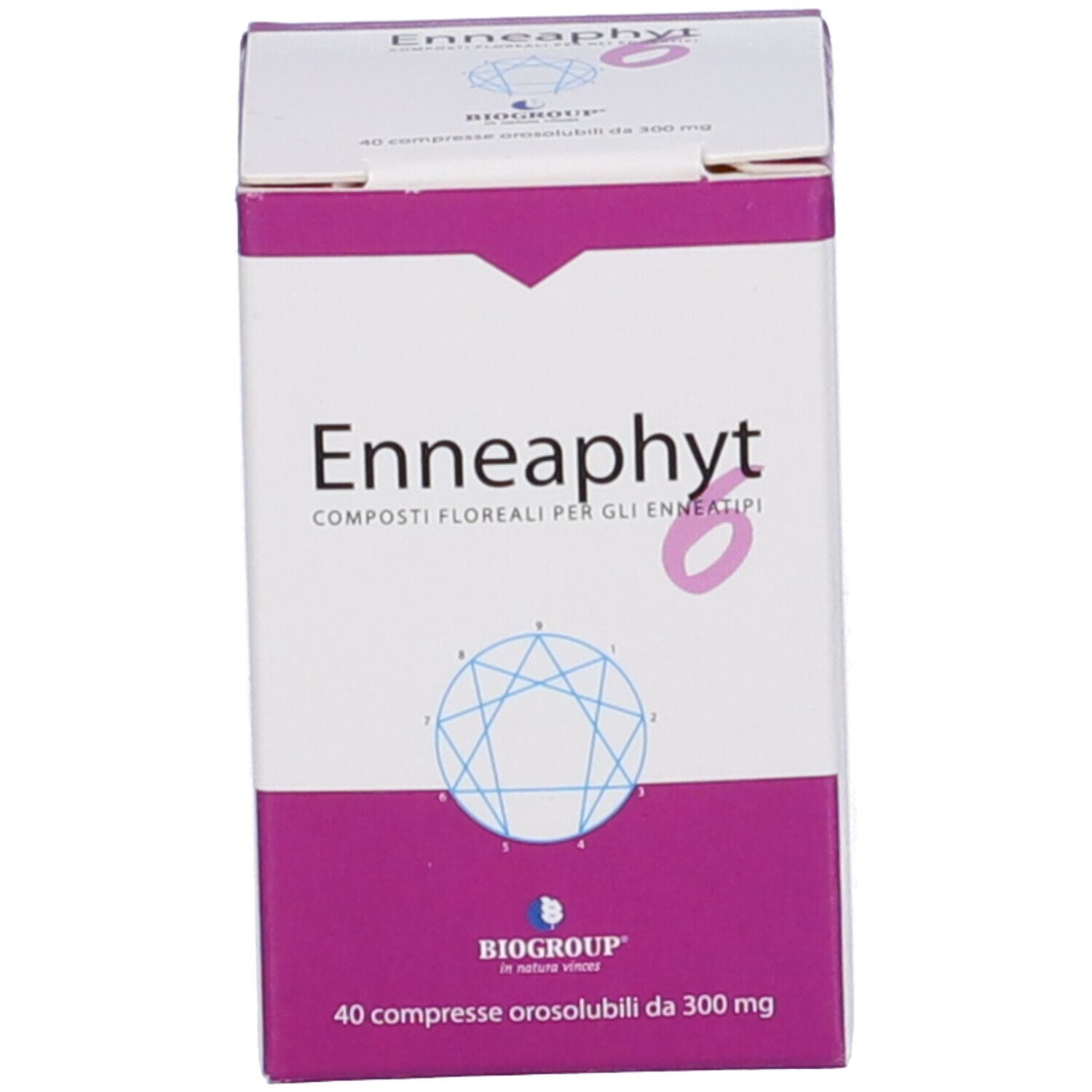 Scatola con stampa del prodotto. Scritta: Enneaphyt 6, 40 Compresse Orosoluzione 300Mg. Colori viola e bianco.