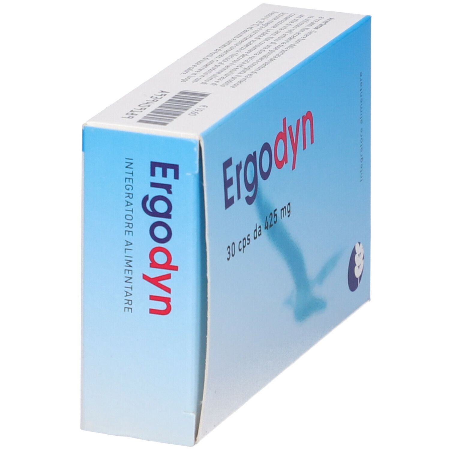 Scatola blu "Ergodyn", 30 capsule da 425 mg. Scritto "Integratore alimentare". Vista laterale.