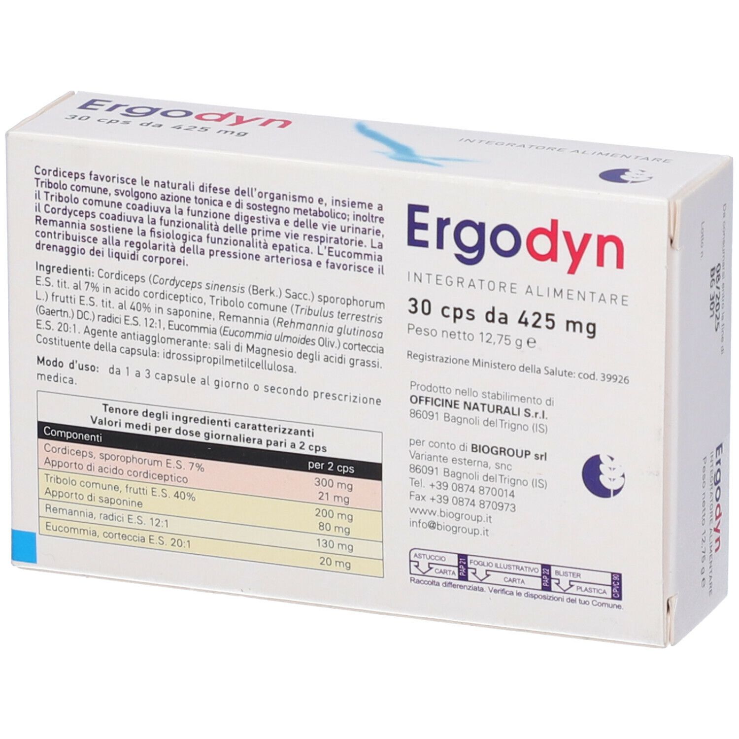 Scatola "Ergodyn", 30 capsule da 425 mg. Ingredienti, informazioni produttore. Scritto "Integratore alimentare".