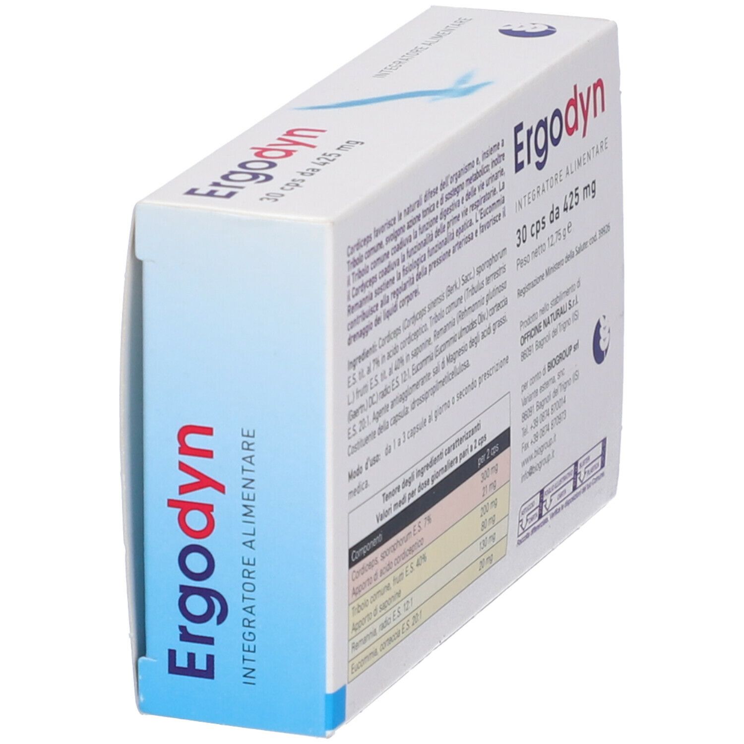 Scatola "Ergodyn", 30 capsule da 425 mg. Ingredienti, informazioni produttore. Vista laterale.