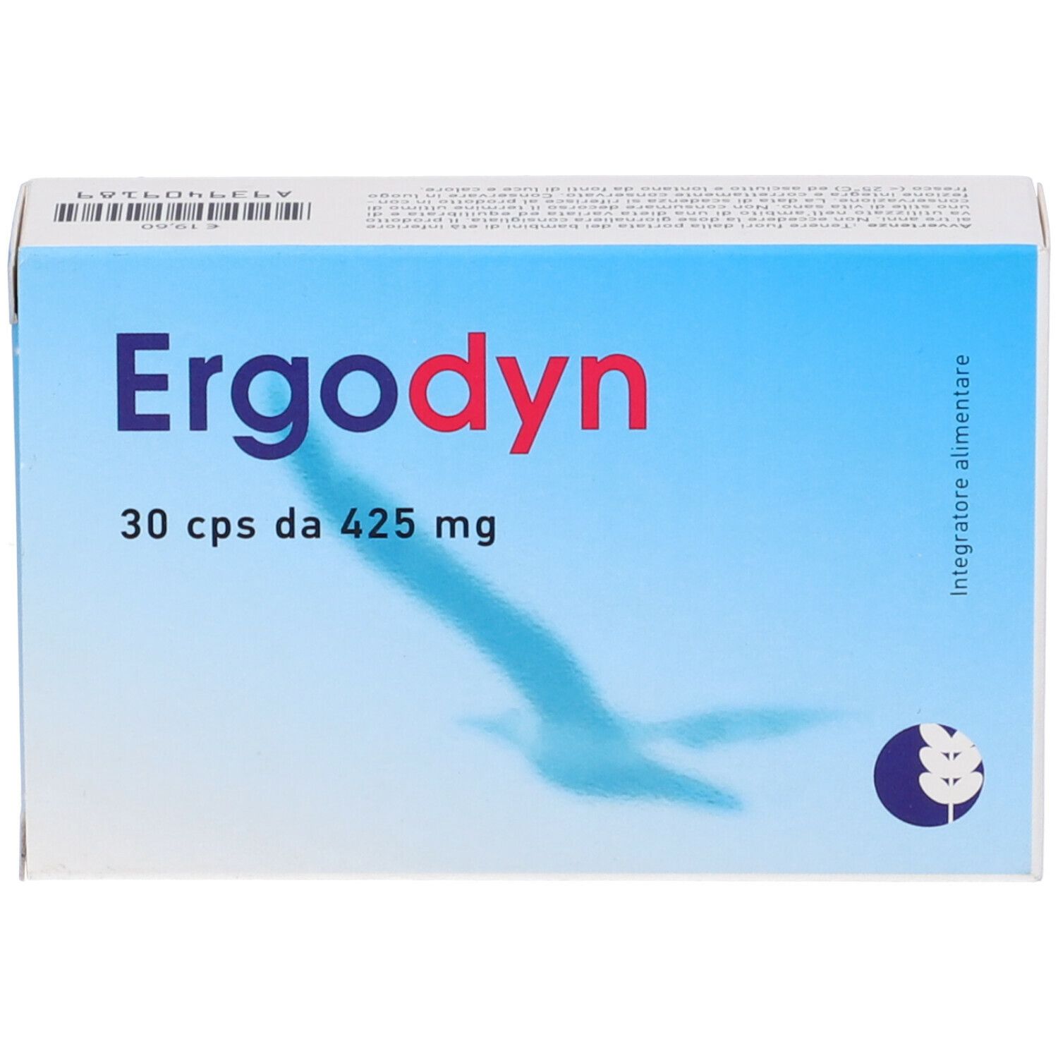 Scatola blu e bianca "Ergodyn", 30 capsule da 425 mg. Scritto "Integratore alimentare". Sfondo: uccello.