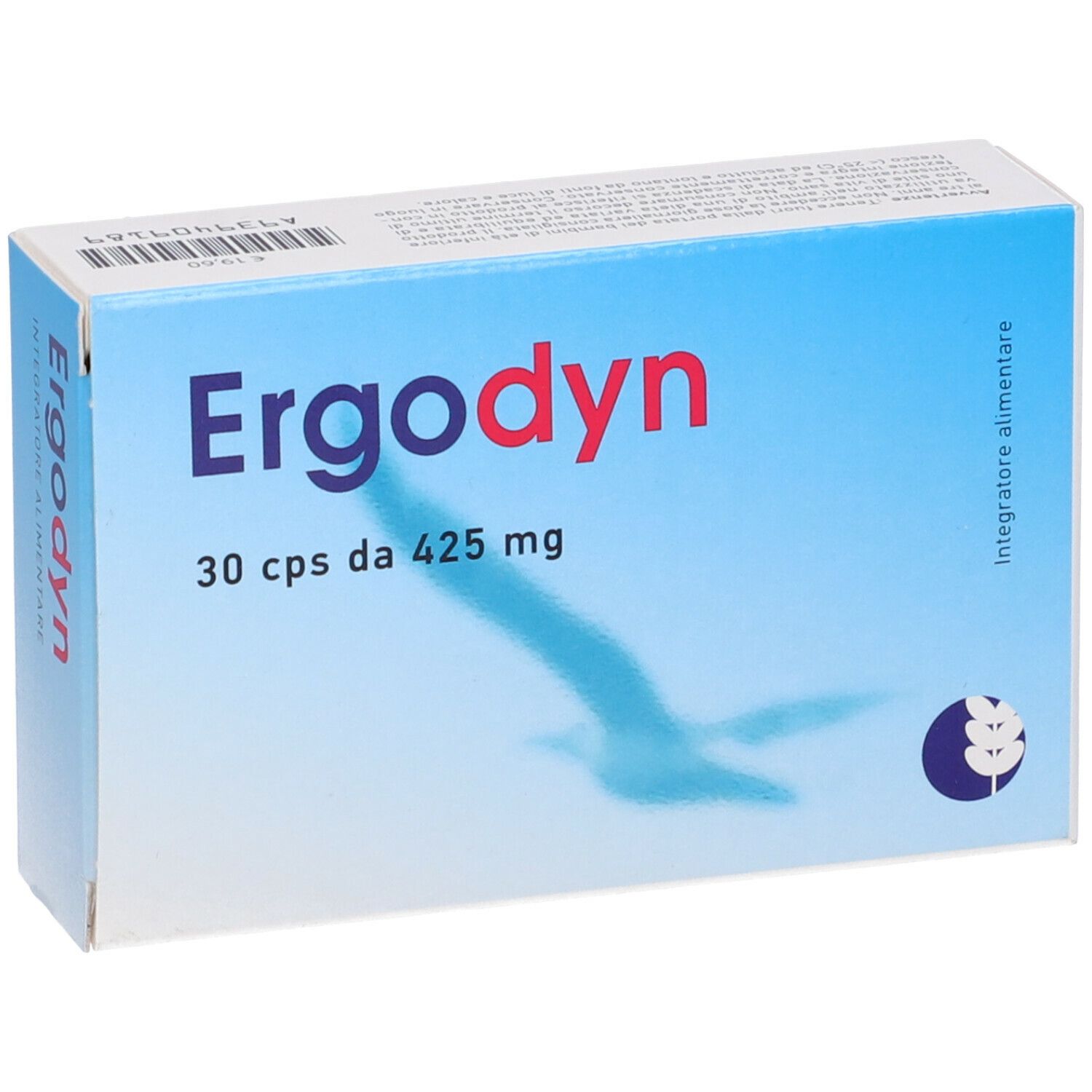 Scatola blu e bianca "Ergodyn", 30 capsule da 425 mg. Scritto "Integratore alimentare". Sfondo: uccello.