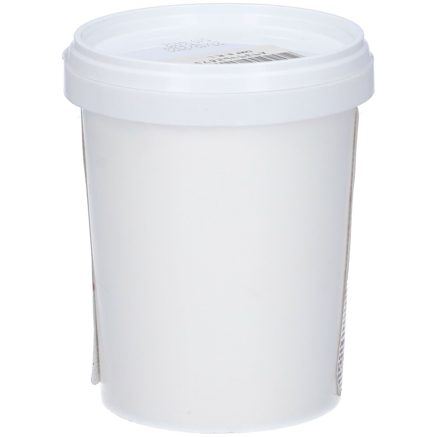 Contenitore cilindrico bianco con coperchio. Etichetta con testo sul lato. Nessun altro dettaglio visibile.