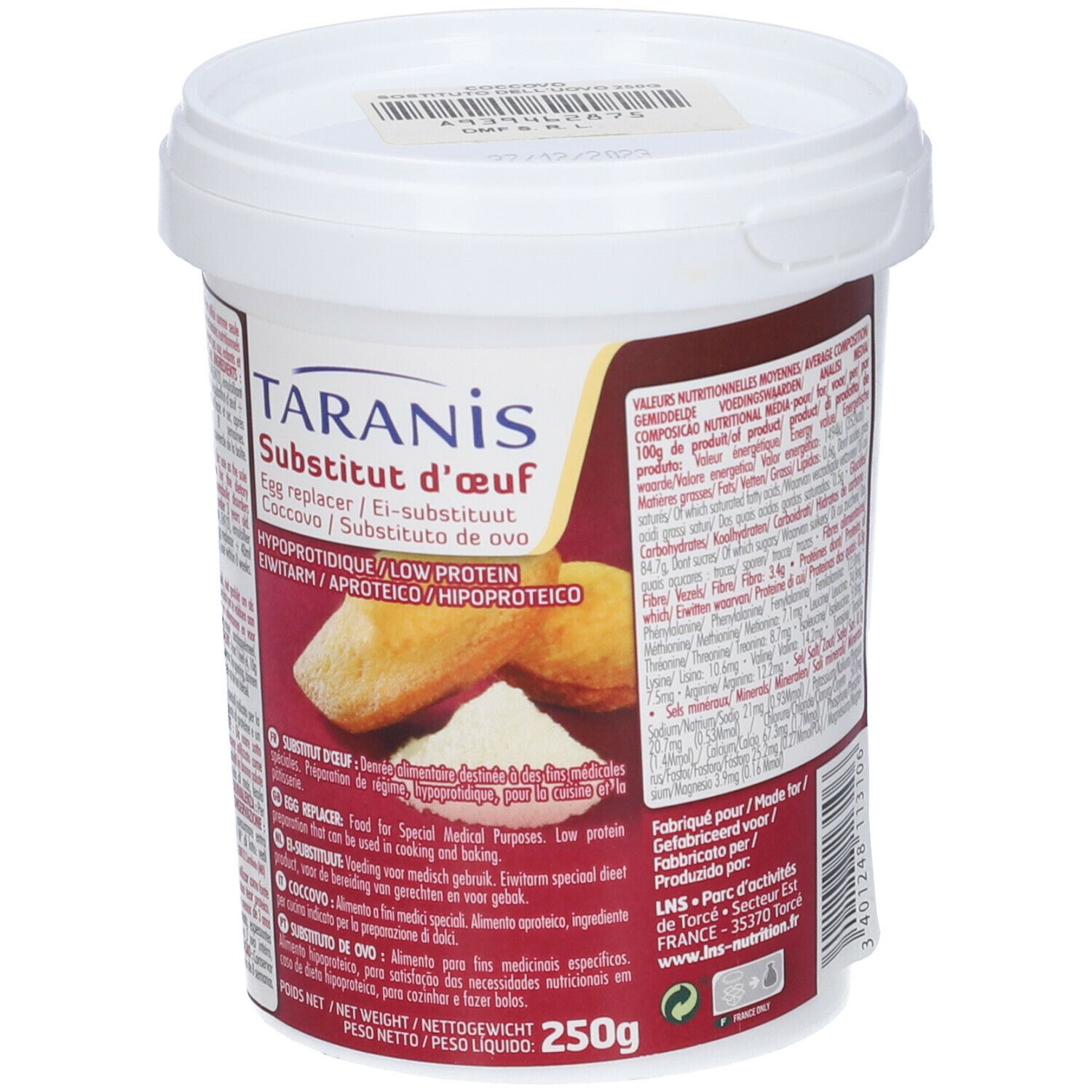 Contenitore bianco con coperchio. Scritta: Taranis, Substitut d'œuf, Coccovo, Ei-substitut. Testo: Hypoprotidique/Low Protein. 250g.