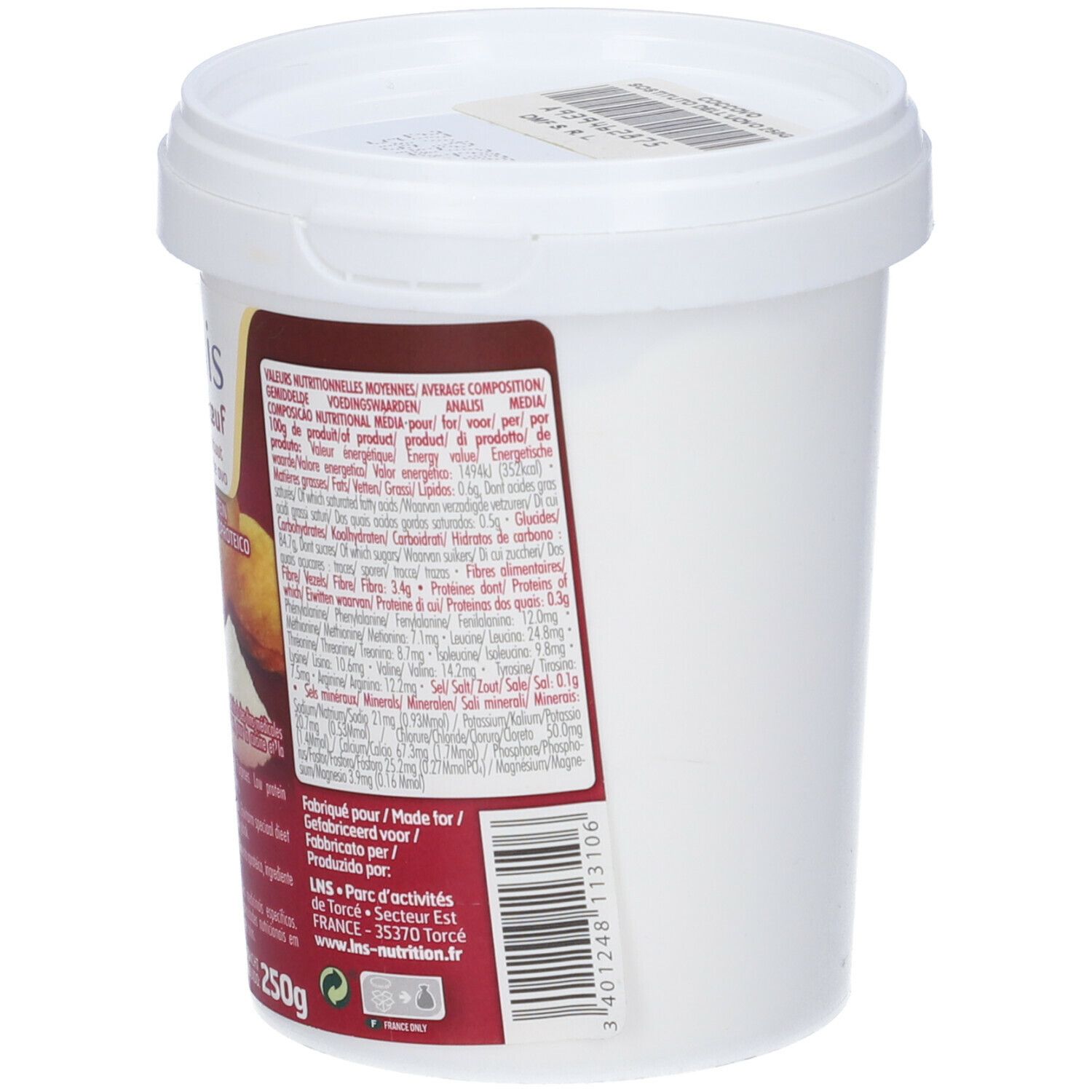 Contenitore bianco con coperchio. Etichetta con testo e codice a barre. Scritta: 250g. Nessun altro dettaglio visibile.