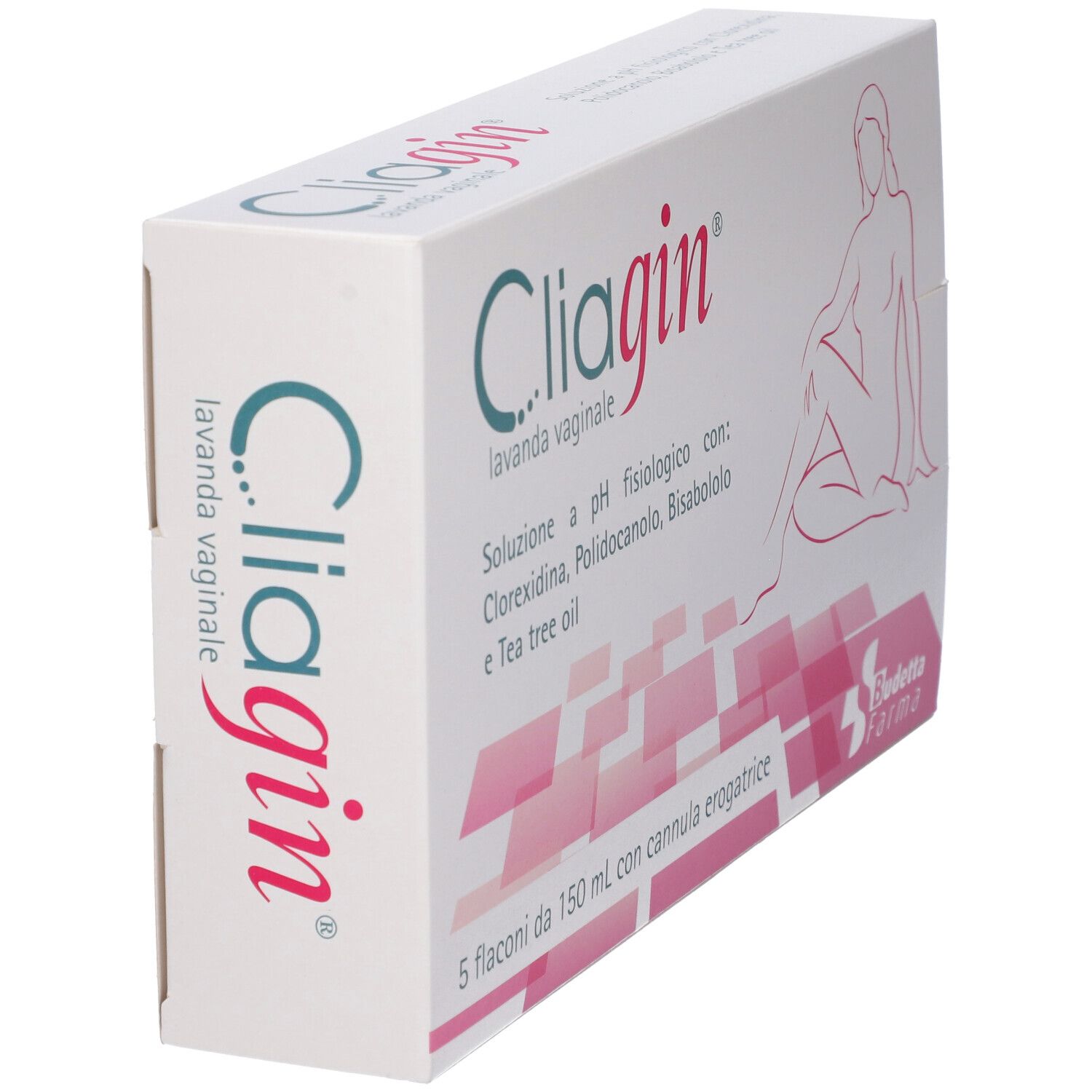 Vista obliqua della confezione Cliagin® Lavanda Vaginale. Testo e logo visibili. Marchio Budetta Farma.