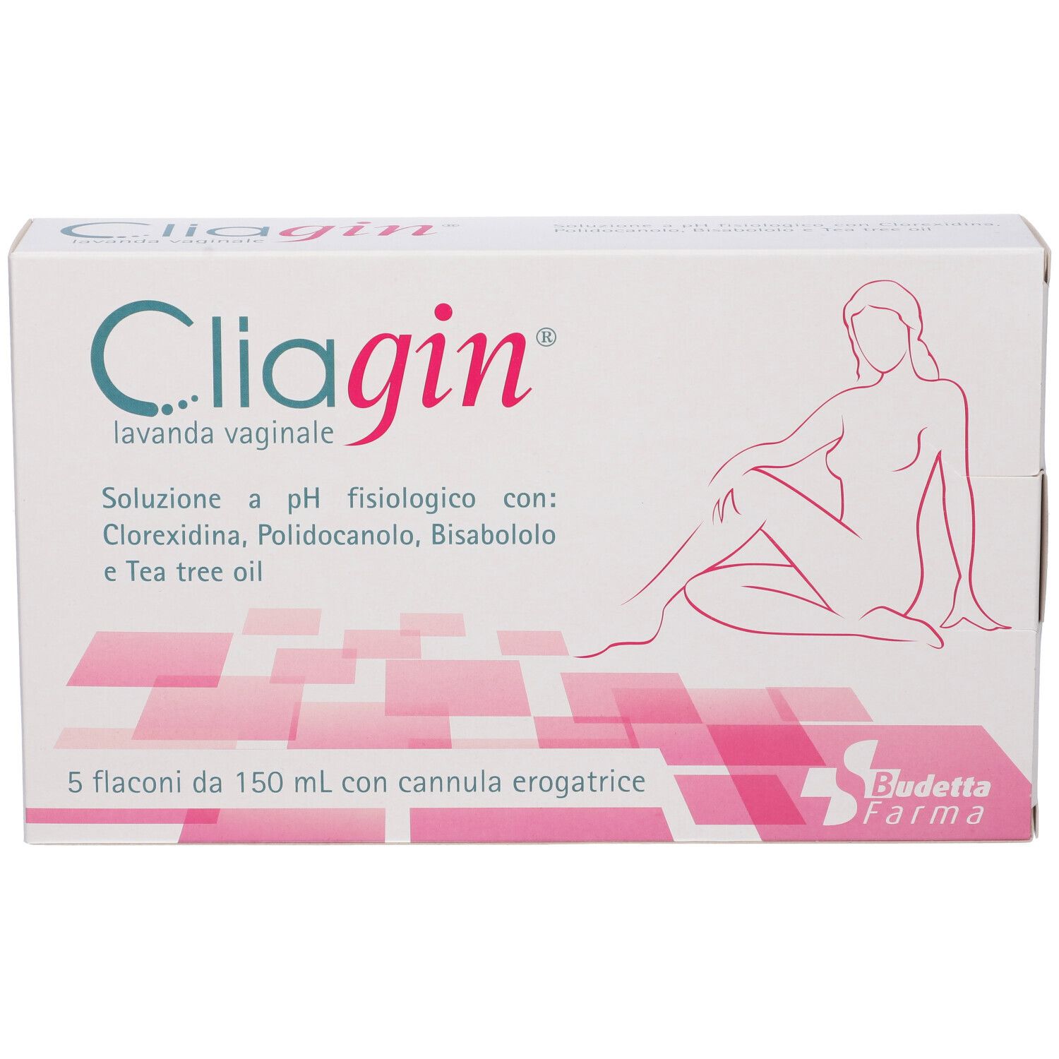 Confezione di Cliagin® Lavanda Vaginale. Contiene 5 flaconi da 150 ml. Illustrazione di donna. Marchio Budetta Farma.
