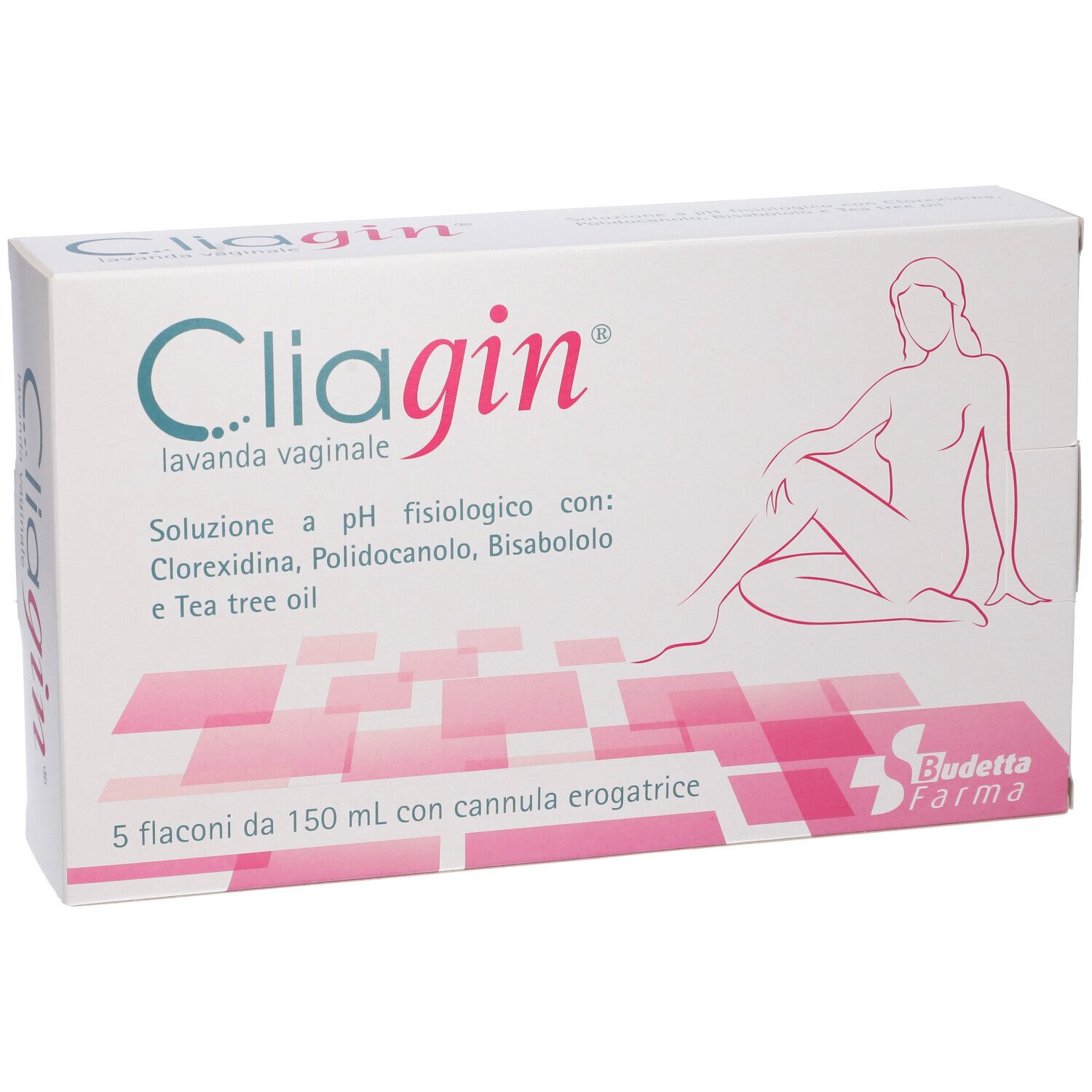 Confezione di Cliagin® Lavanda Vaginale. Contiene 5 flaconi da 150 ml. Illustrazione di donna. Marchio Budetta Farma.