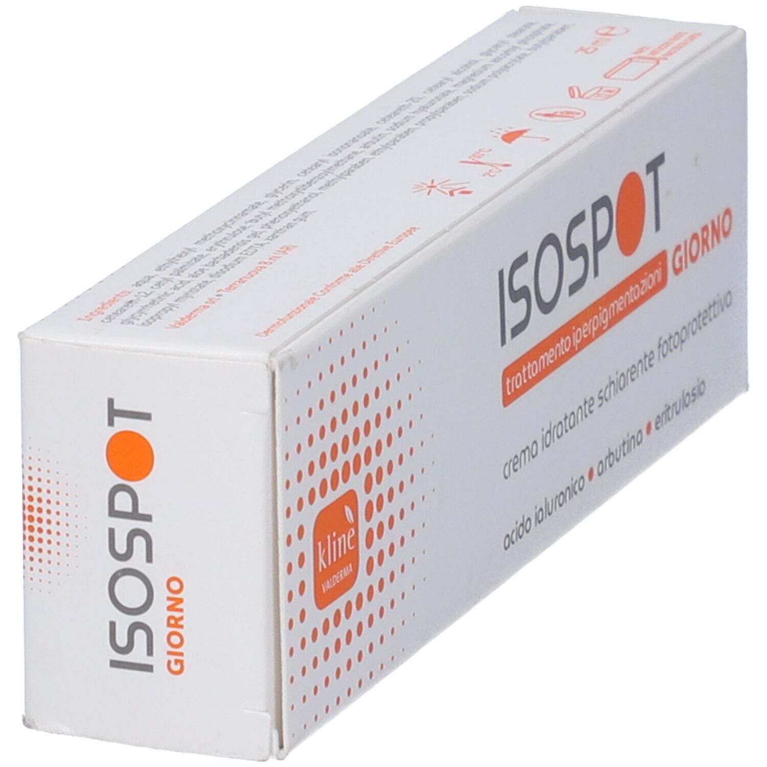 Confezione prodotto bianca inclinata con logo ISOSPOT e testo. Accenti arancioni.