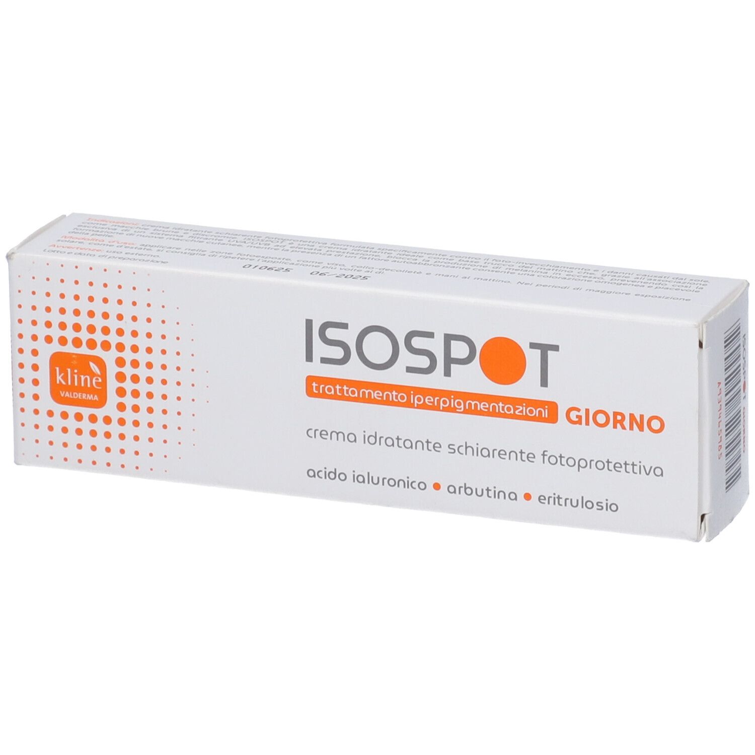 Scatola bianca con nome prodotto ISOSPOT e altri testi. Logo e scritta arancioni.