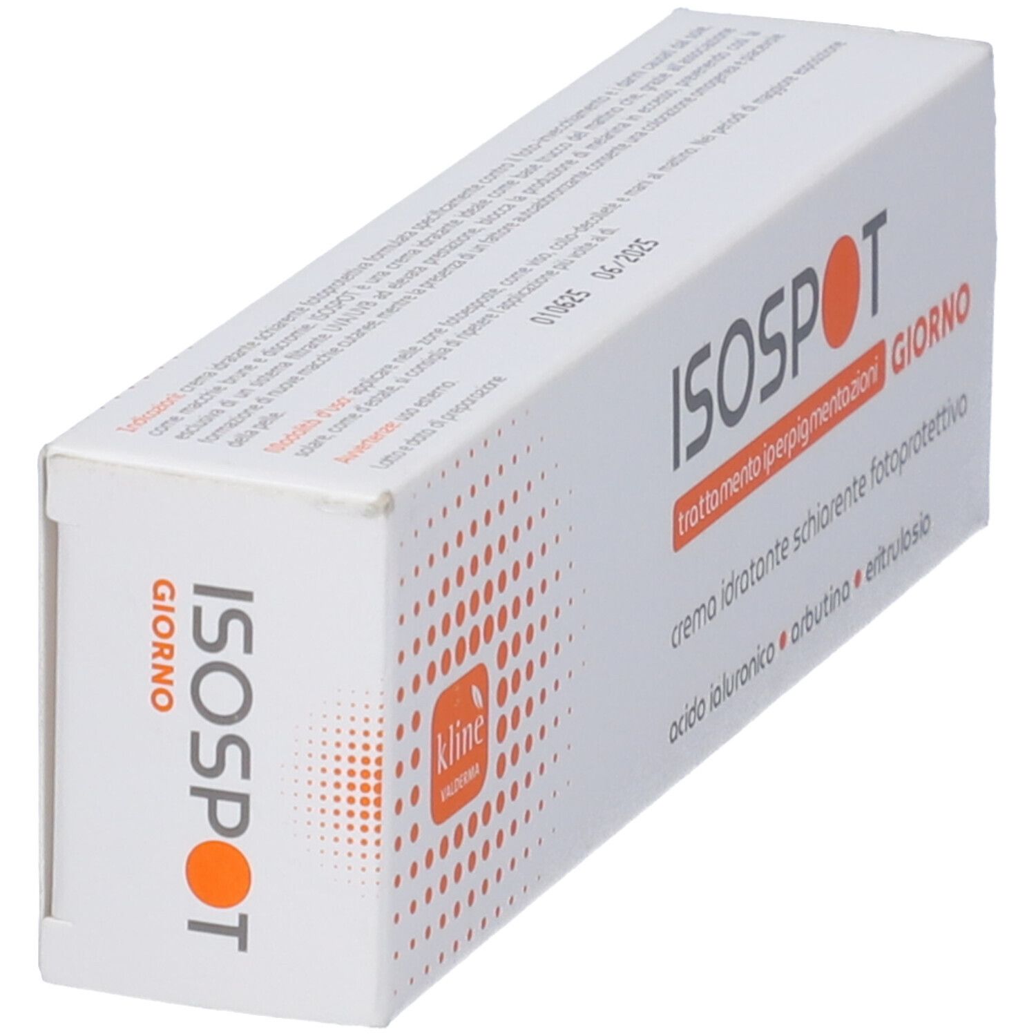 Confezione prodotto bianca inclinata con logo ISOSPOT e testo. Accenti arancioni.