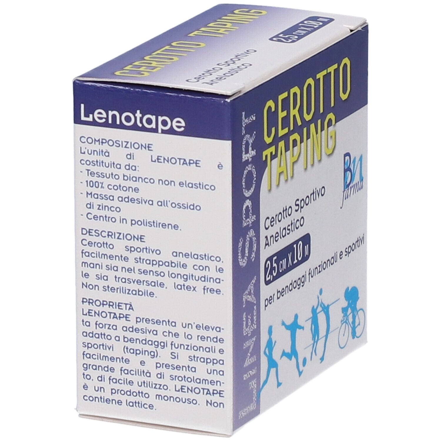 Confezione di Cerotto Taping. Nastro 2,5 cm x 10 m. Testo: Cerotto Sportivo Anelastico. Informazioni sul prodotto.