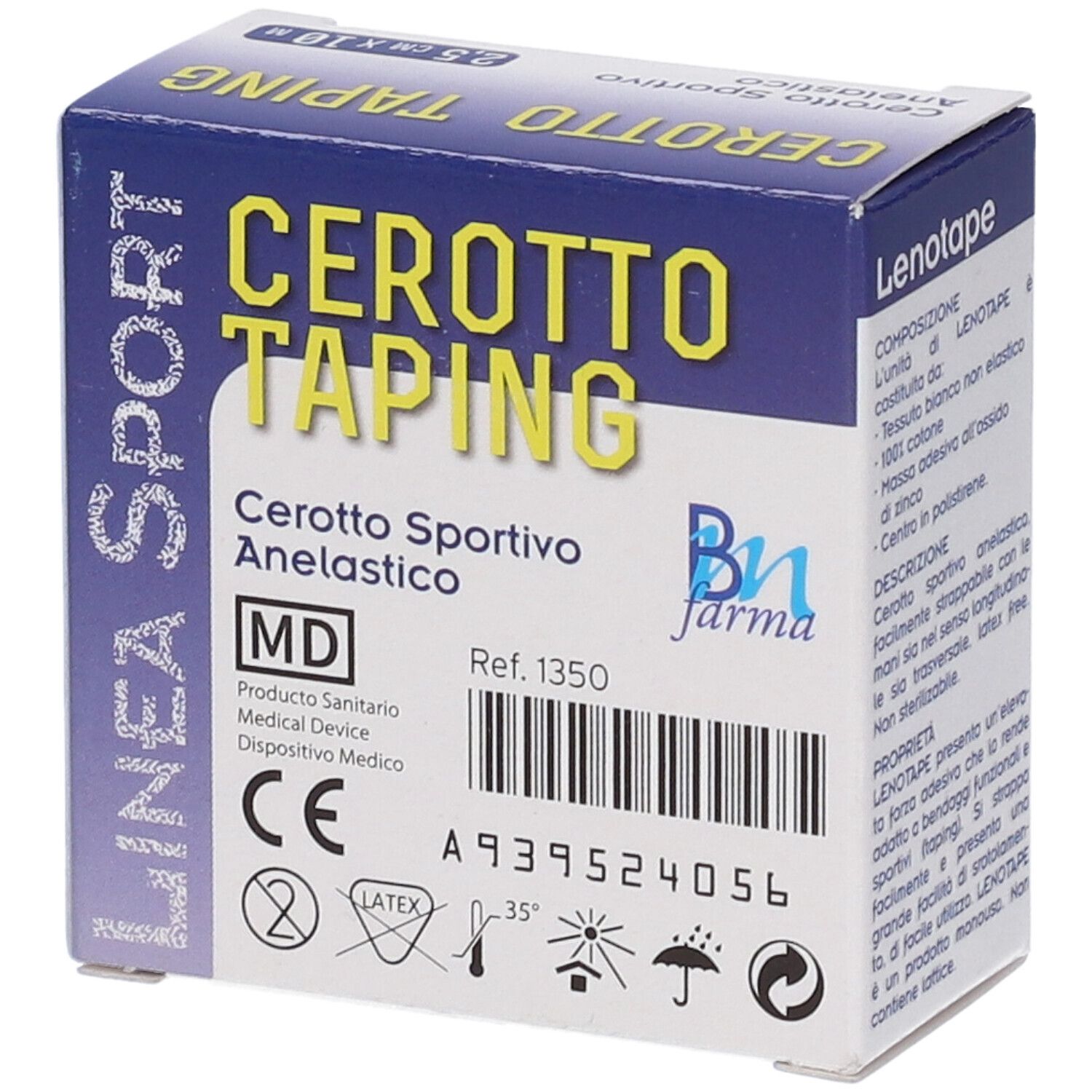 Confezione di Cerotto Taping. Nastro 2,5 cm x 10 m. Testo: Cerotto Sportivo Anelastico. Con marchio CE.