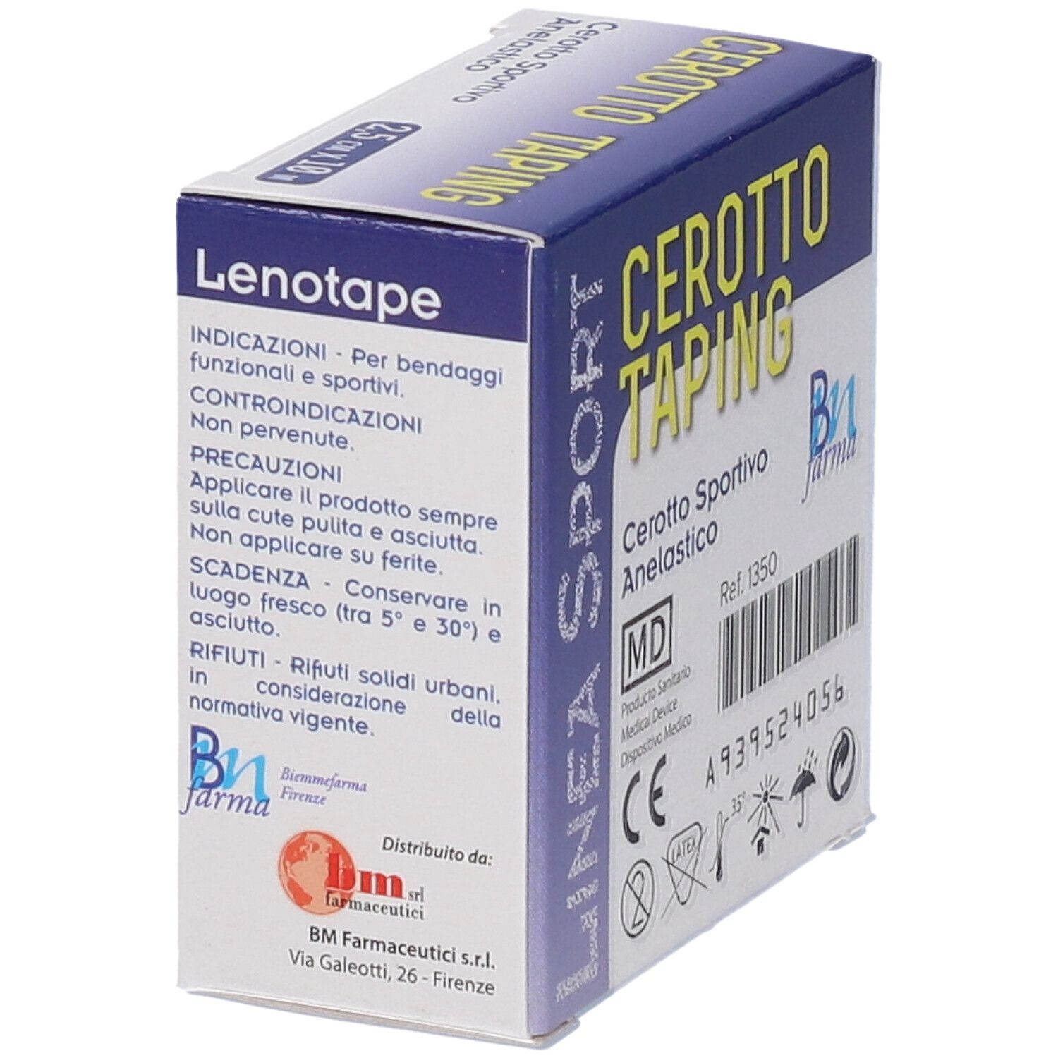 Confezione di Cerotto Taping. Nastro 2,5 cm x 10 m. Testo: Cerotto Sportivo Anelastico. Informazioni sul prodotto.