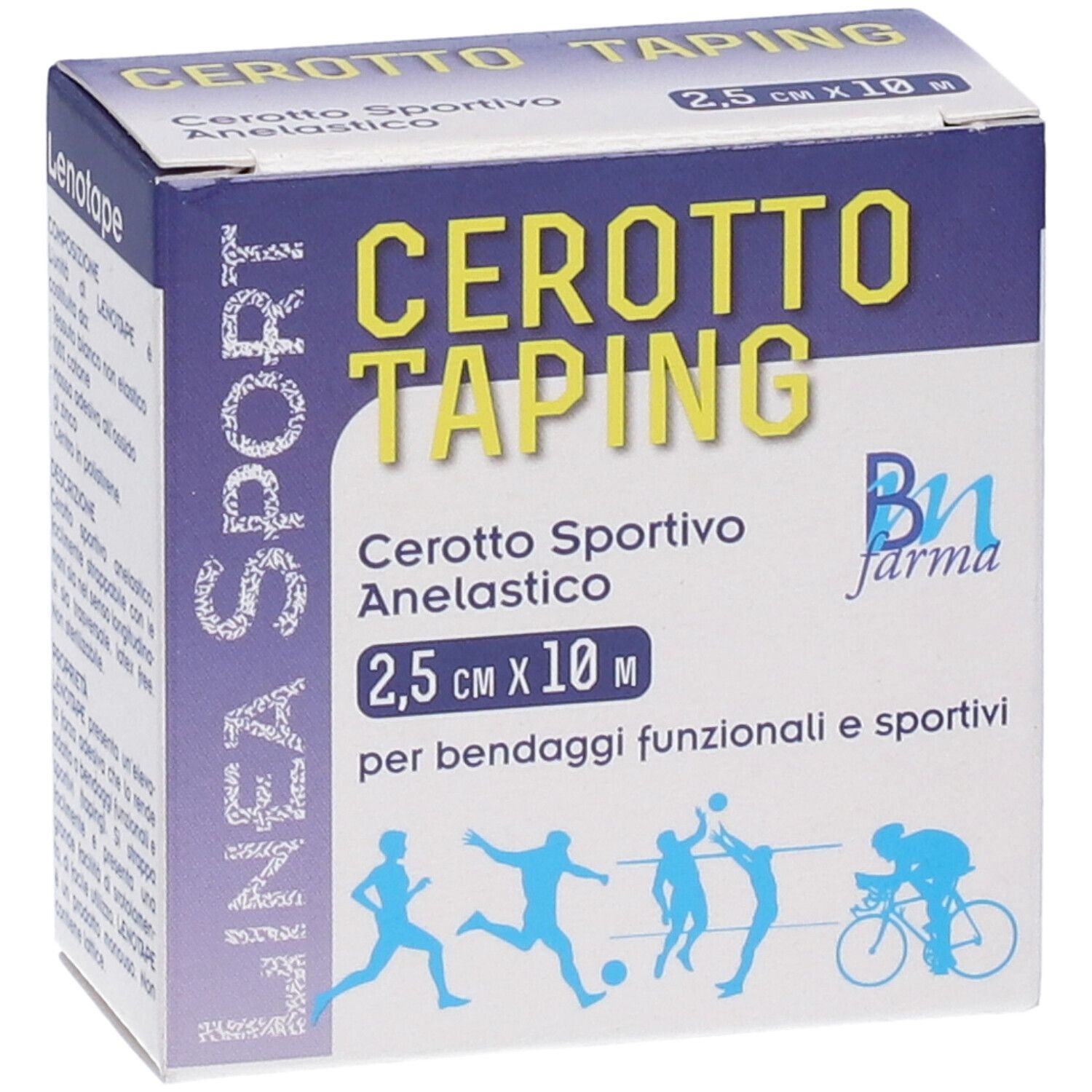 Confezione di Cerotto Taping. Nastro 2,5 cm x 10 m. Scritto: Cerotto Sportivo Anelastico. Illustrazioni sportive.
