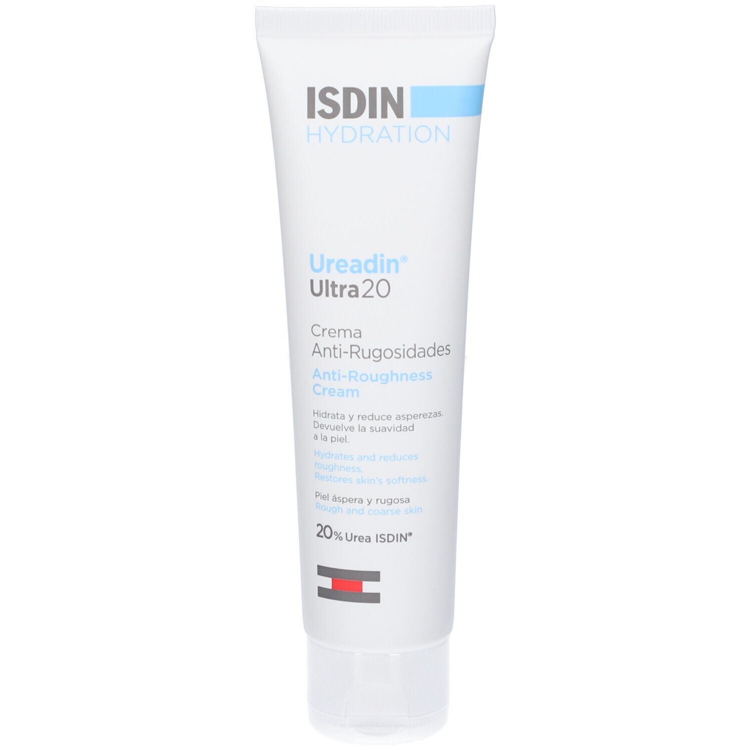 Tubo di crema ISDIN Ureadin Ultra 20. Tubo bianco, accenti blu. Testo: Crema anti-rugosità. Tappo grigio.