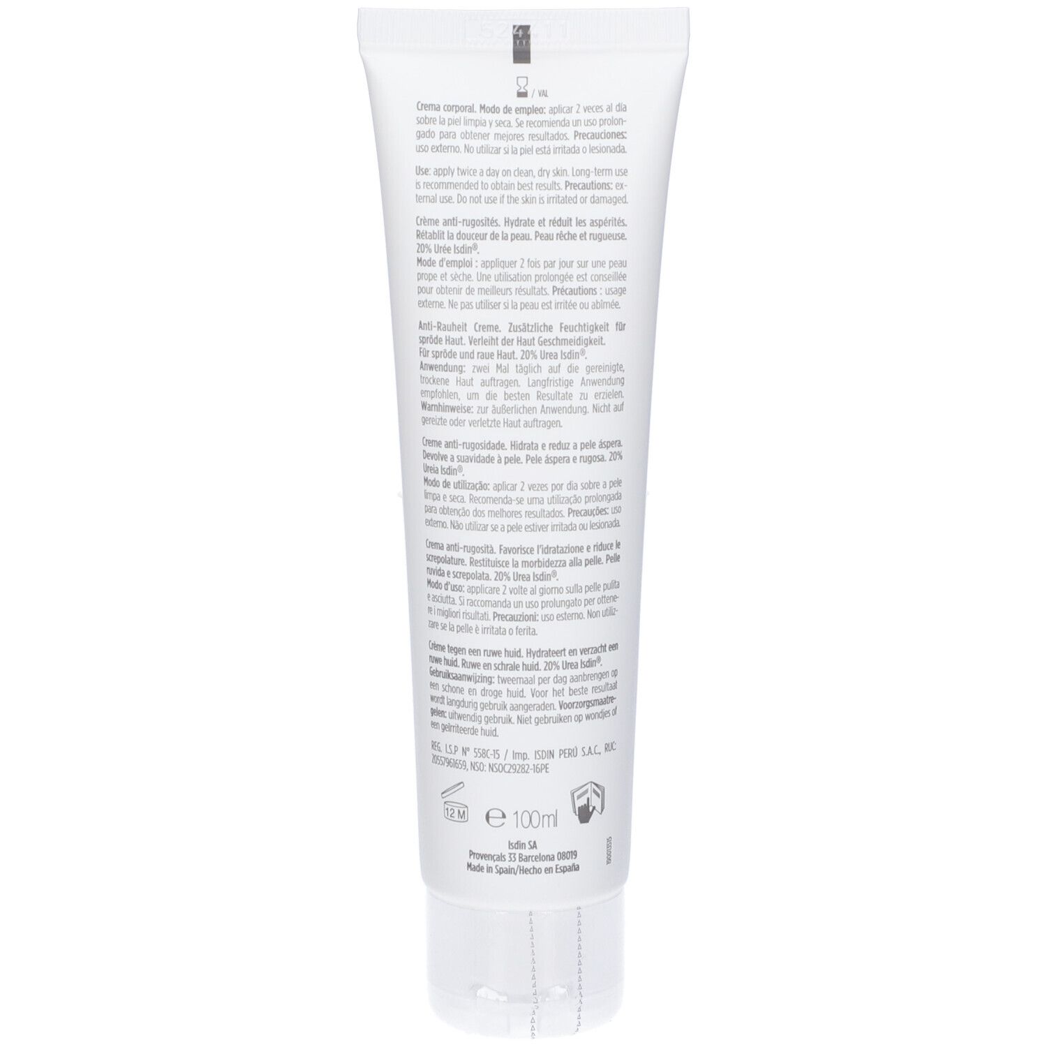 Retro del tubo di crema. Testo in più lingue. Ingredienti, istruzioni per l'uso, informazioni del produttore.