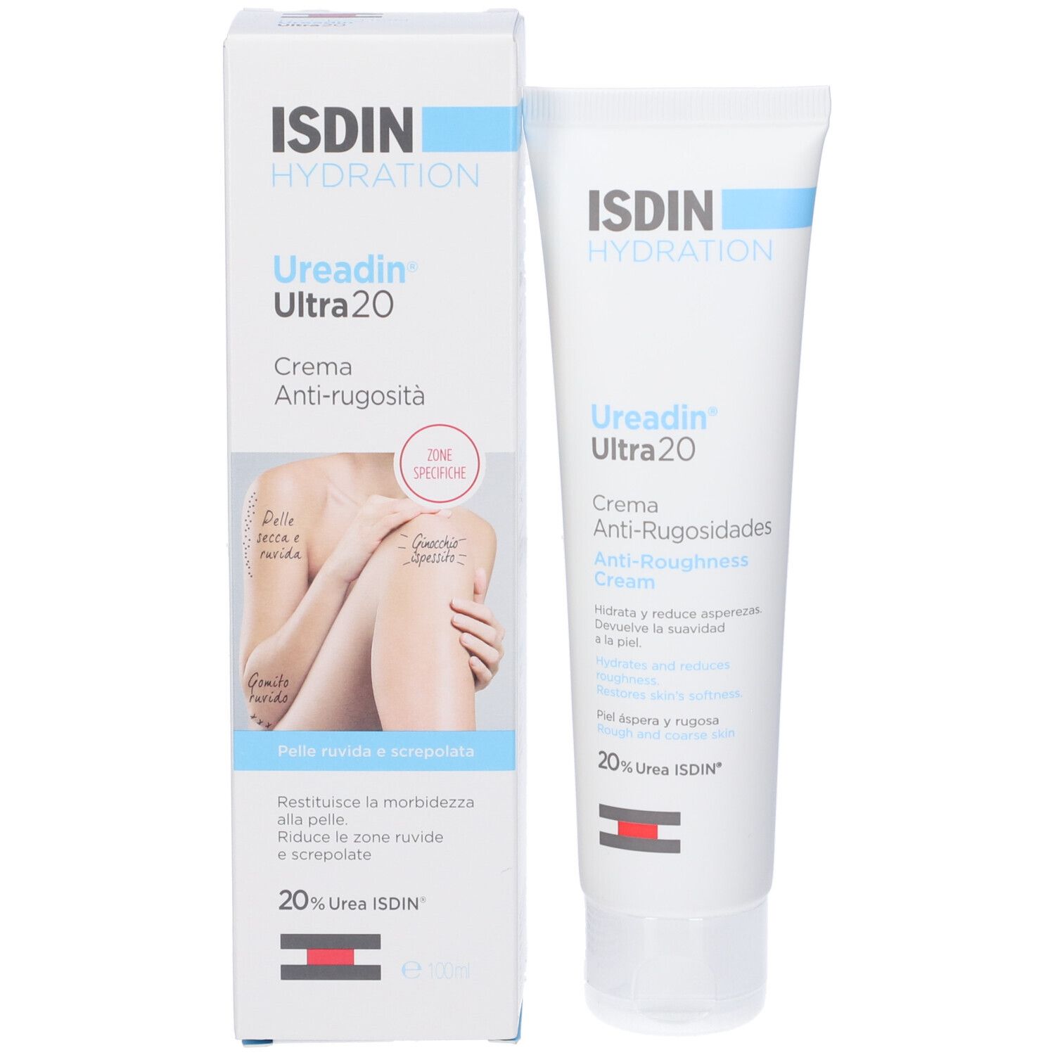 Tubo di crema e confezione. ISDIN Ureadin Ultra 20. Crema anti-rugosità. Scatola con immagine e testo del prodotto.