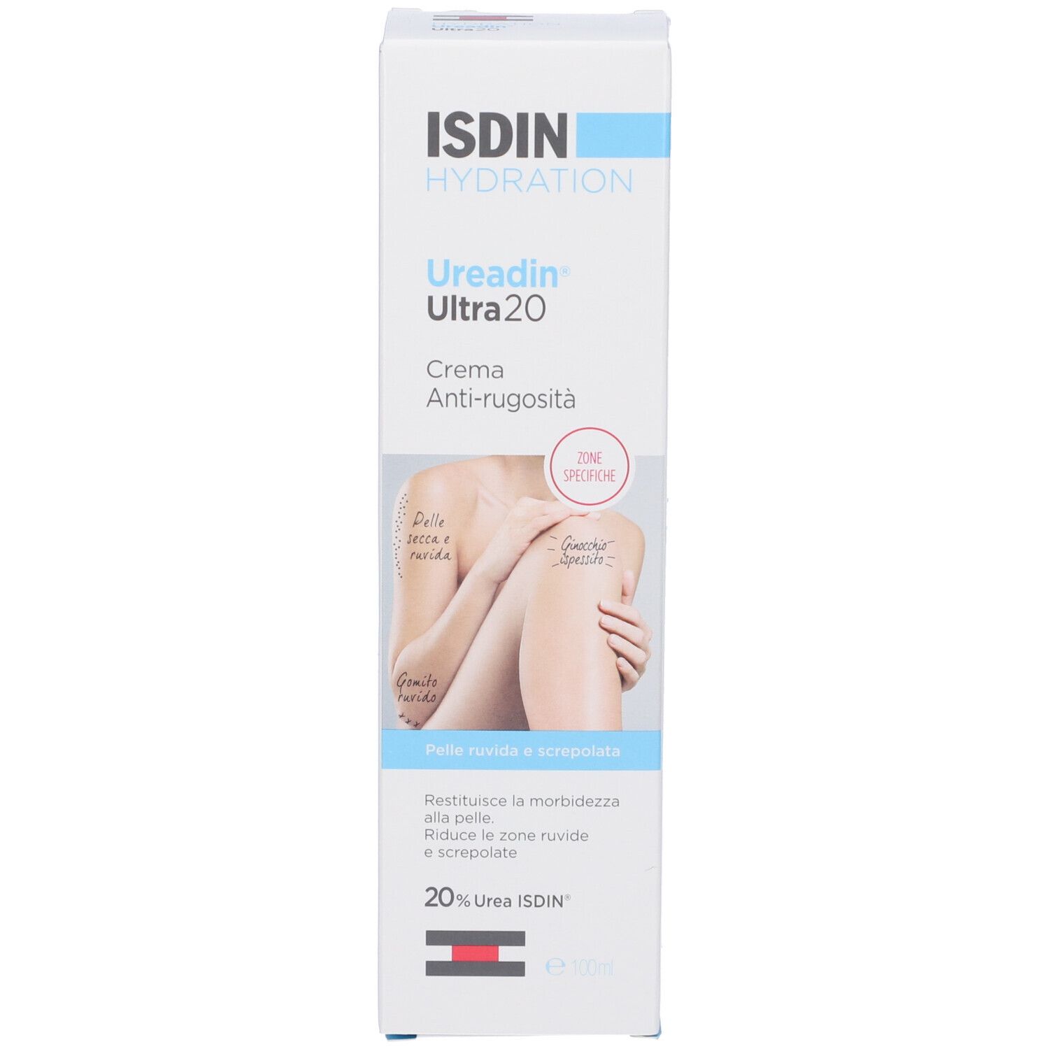Confezione. ISDIN Ureadin Ultra 20. Crema anti-rugosità. Scatola con immagine e testo del prodotto.