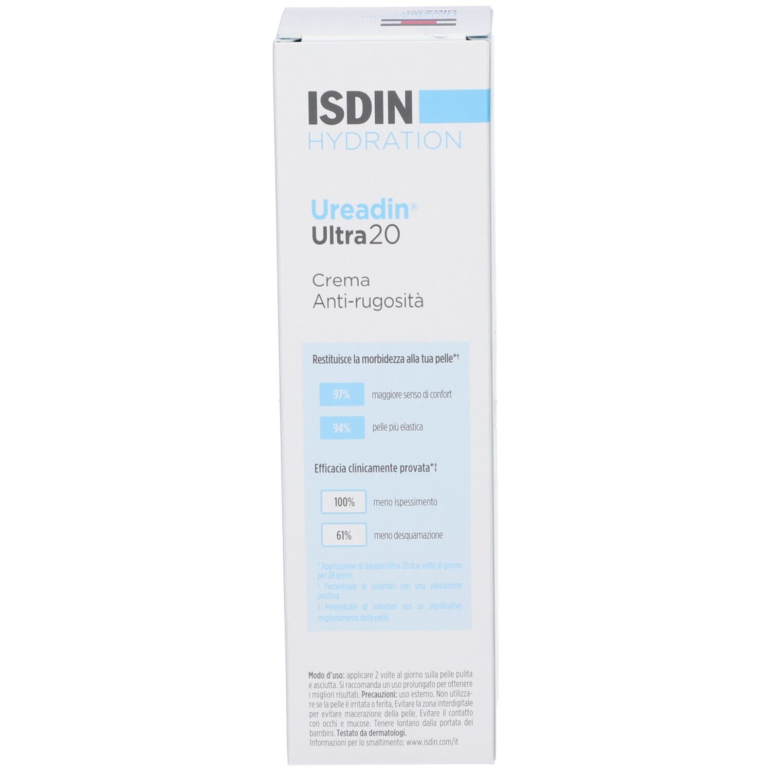 Retro della confezione. Testo in italiano. Percentuali di efficacia.