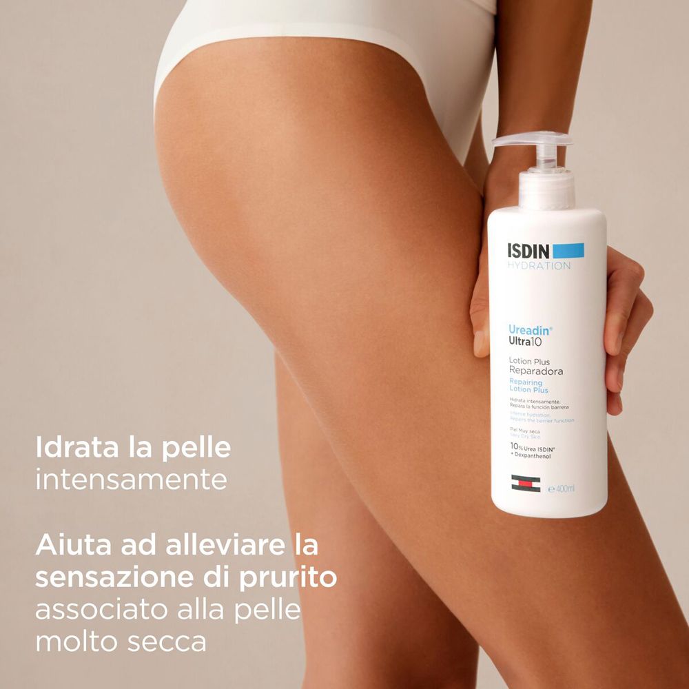 Donna con slip bianchi. Flacone di lozione. Testo: Idrata intensamente, allevia il prurito.