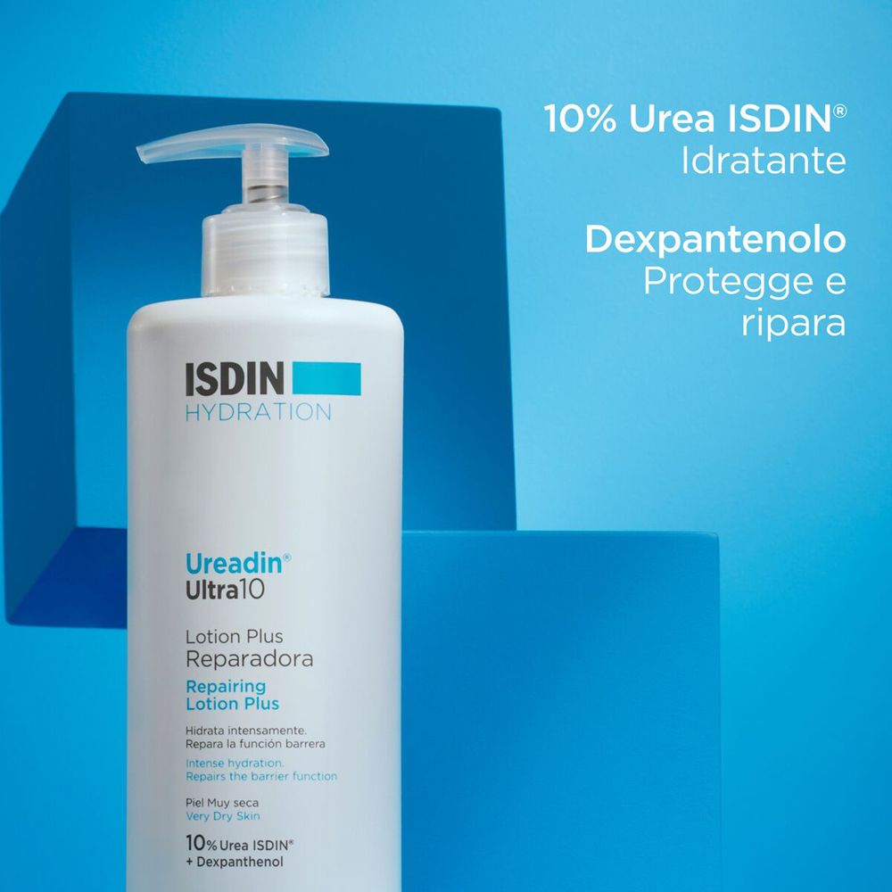 Flacone di lozione con testo: 10% Urea ISDIN, Pantenolo. Forme geometriche blu.