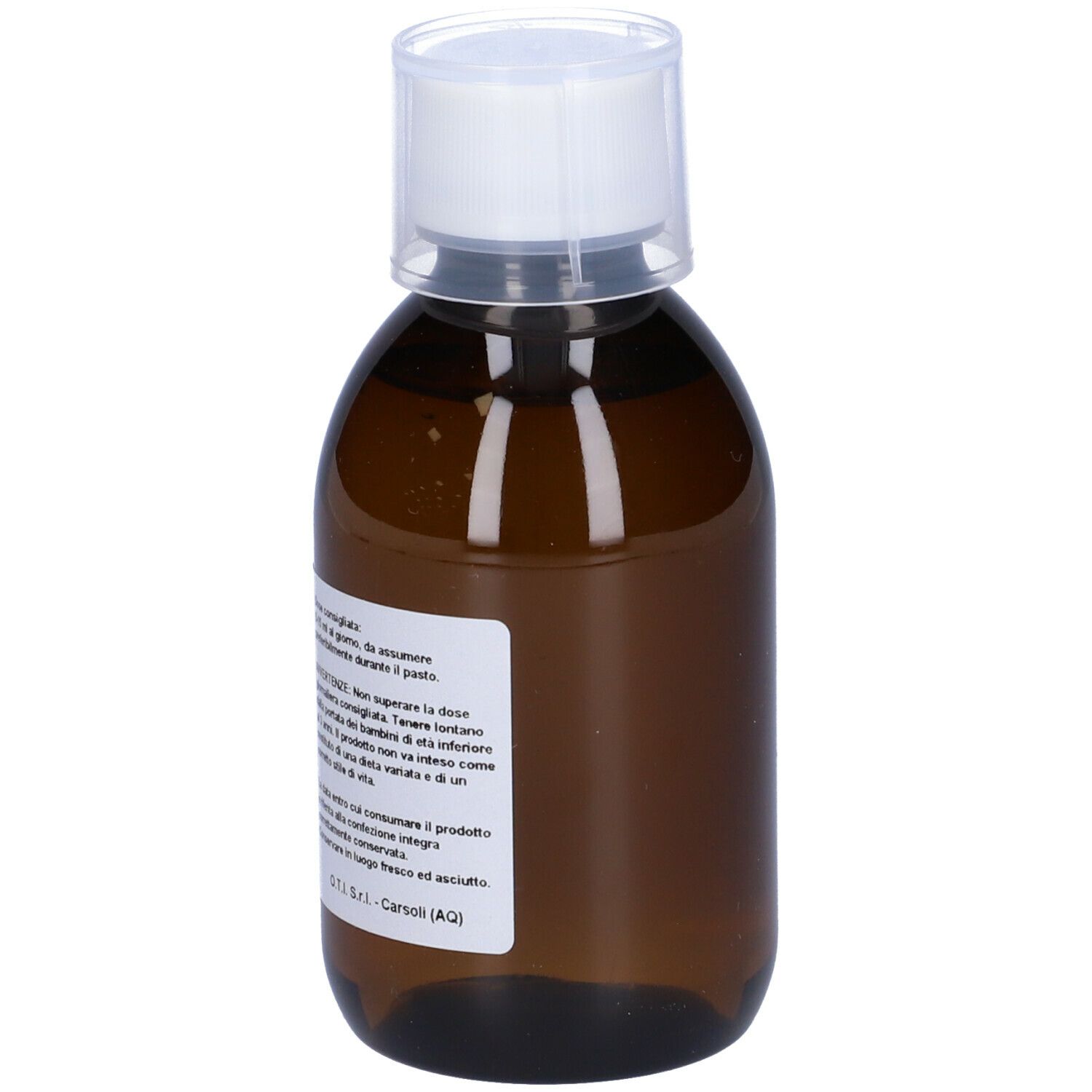 Flacone marrone con tappo bianco ed etichetta. Testo sull'etichetta. Volume: 200 ml.