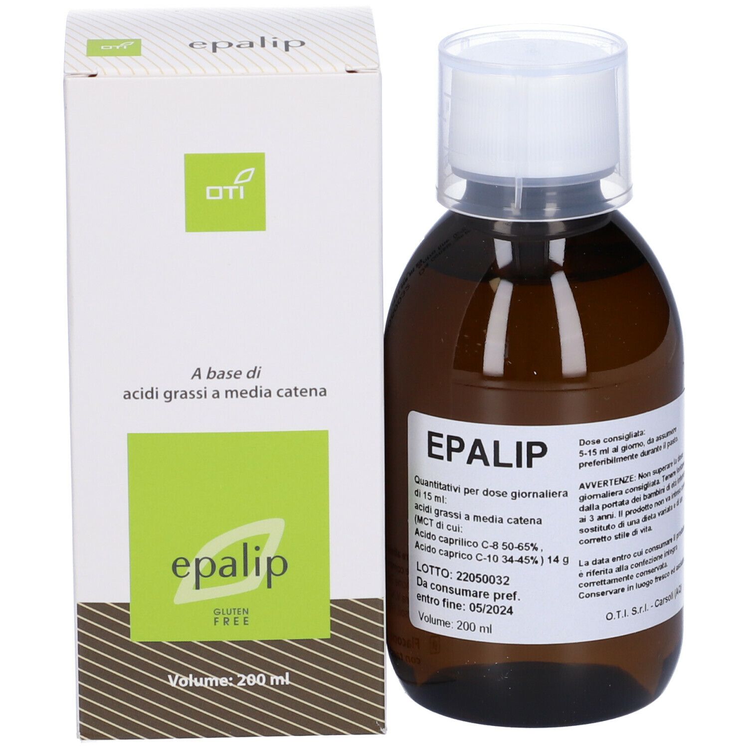 Flacone marrone con tappo bianco e scatola. Scatola con logo, testo: EPALIP, senza glutine. Volume: 200 ml.
