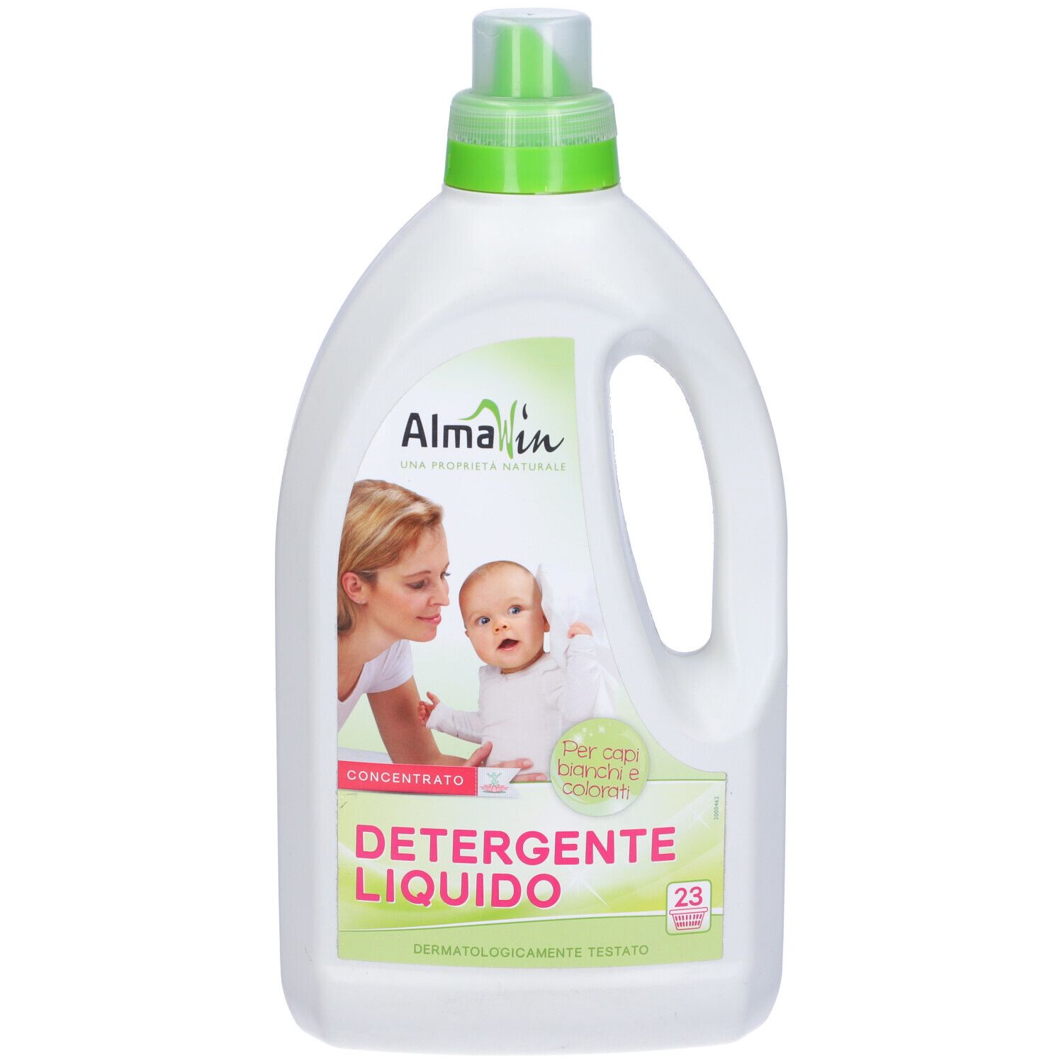 Bottiglia bianca con tappo verde. Etichetta con bambino e donna. Testo: Detergente Liquido, per bianchi e colorati, 23 lavaggi.