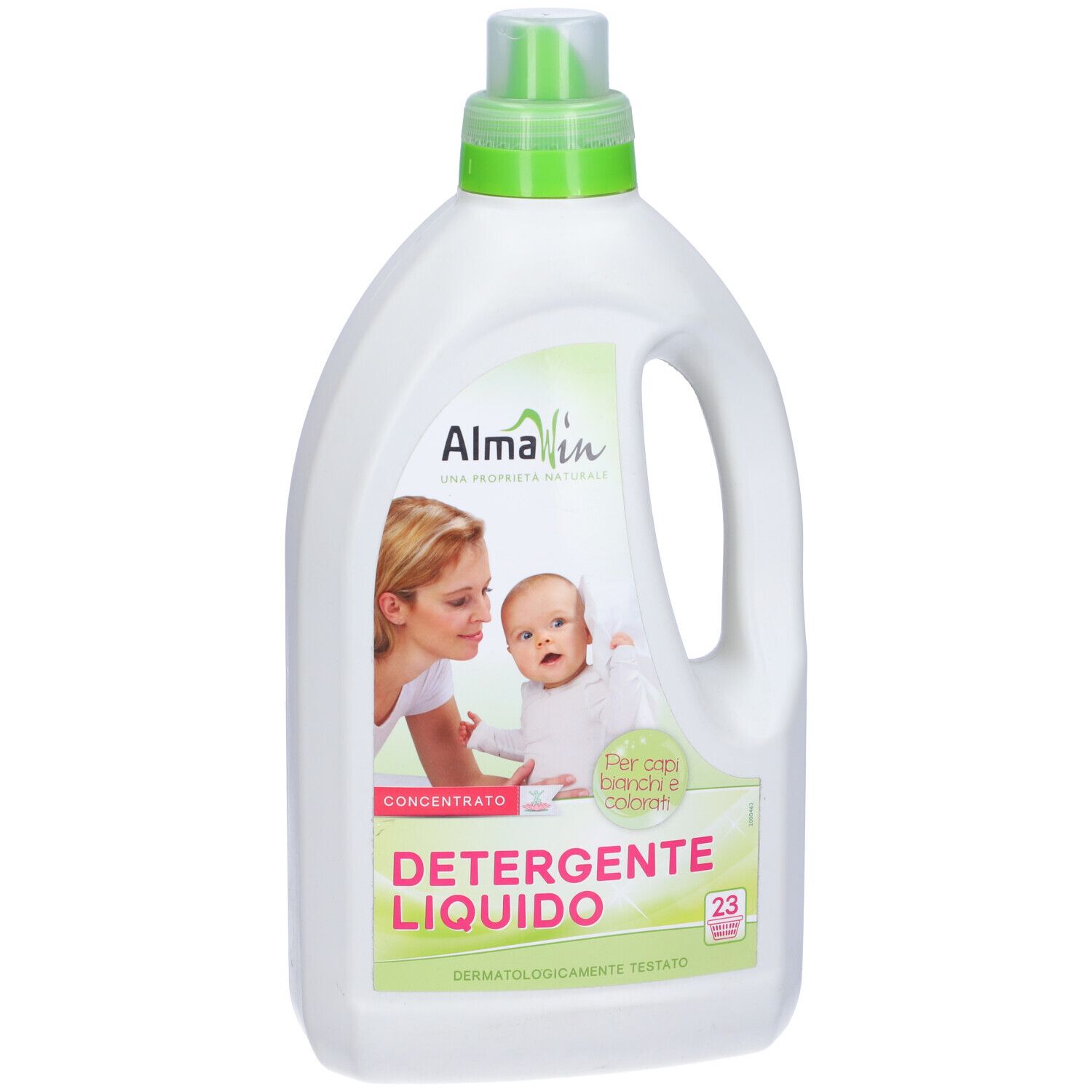 Bottiglia bianca con tappo verde. Etichetta con bambino e donna. Testo: Detergente Liquido, per bianchi e colorati, 23 lavaggi.