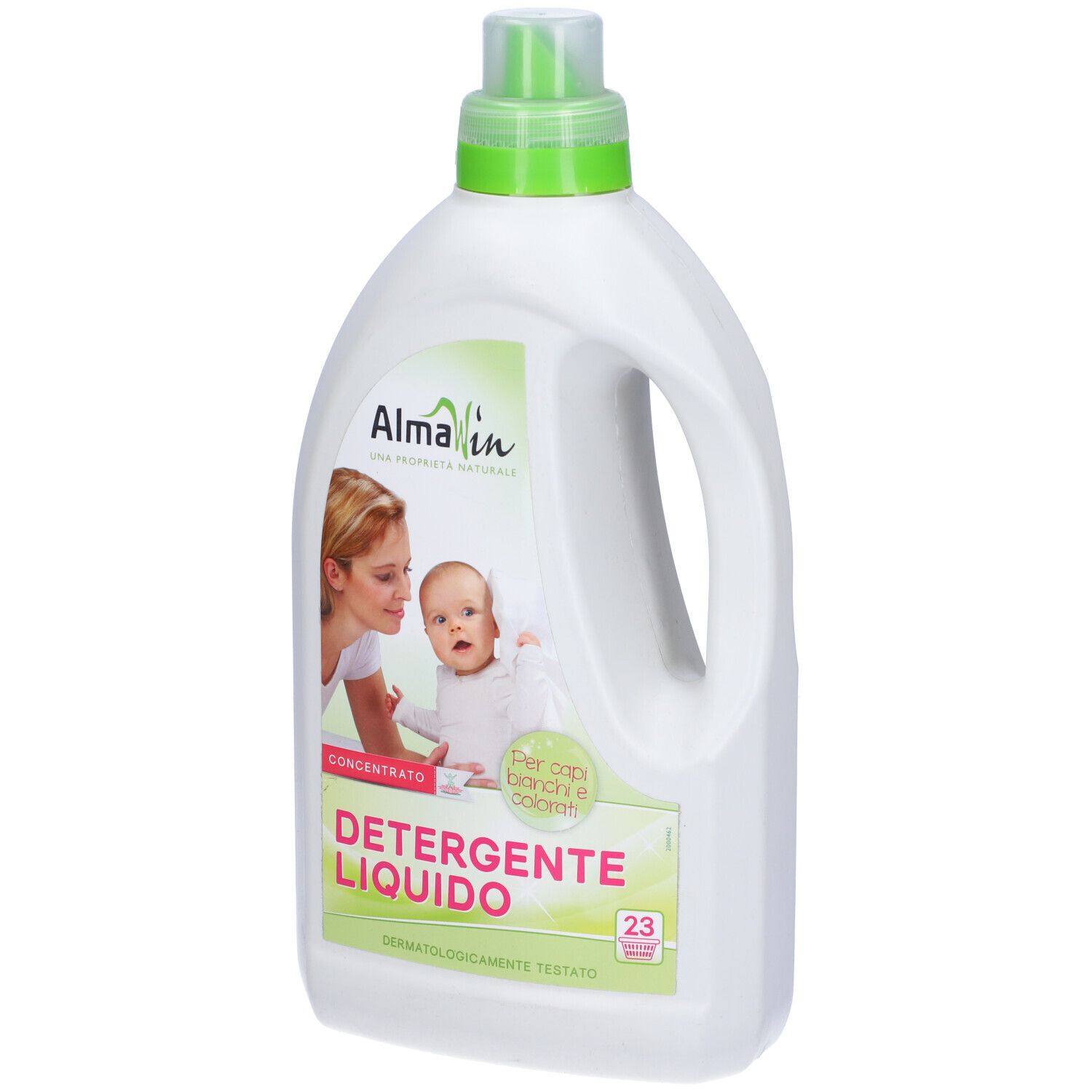 Bottiglia bianca con tappo verde. Etichetta con bambino e donna. Testo: Detergente Liquido, per bianchi e colorati, 23 lavaggi.